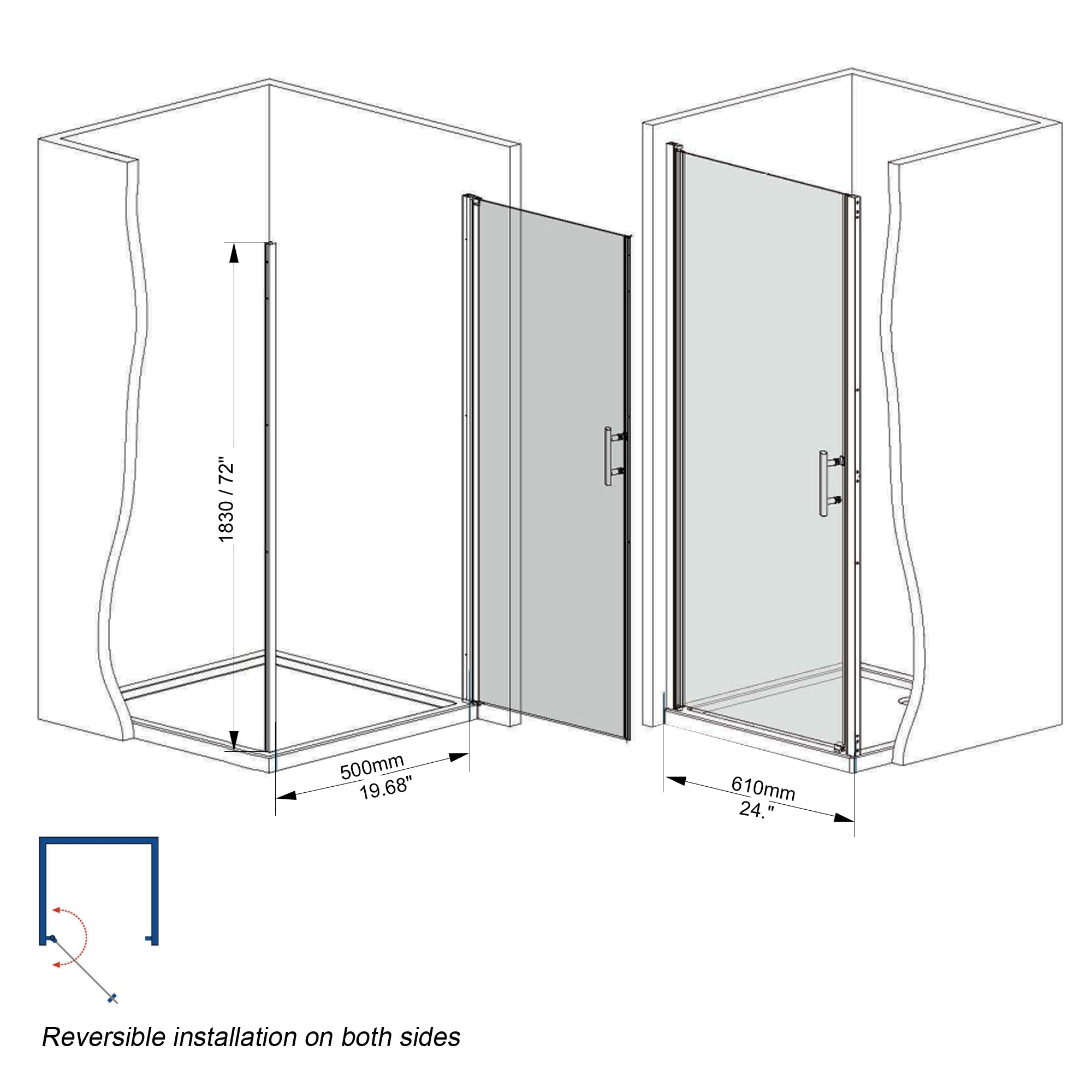 24-37 x 72 in Half-Frame Pivot Shower Door - 24 x 72 in / Brushed Nickel view 6