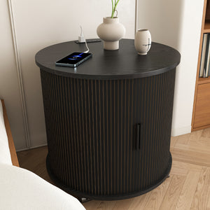 Mid century cylinder nightstand black round bedside table front view