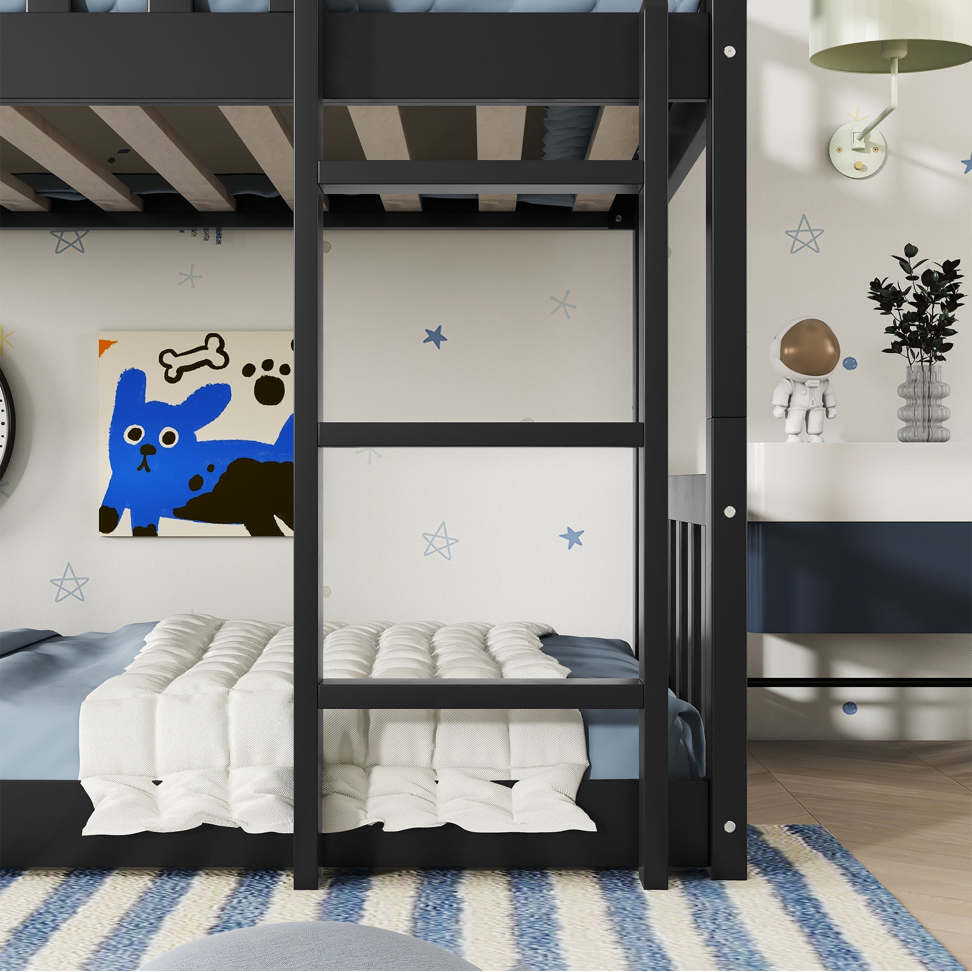 Twin triple bunk bed, black finish, room setting view