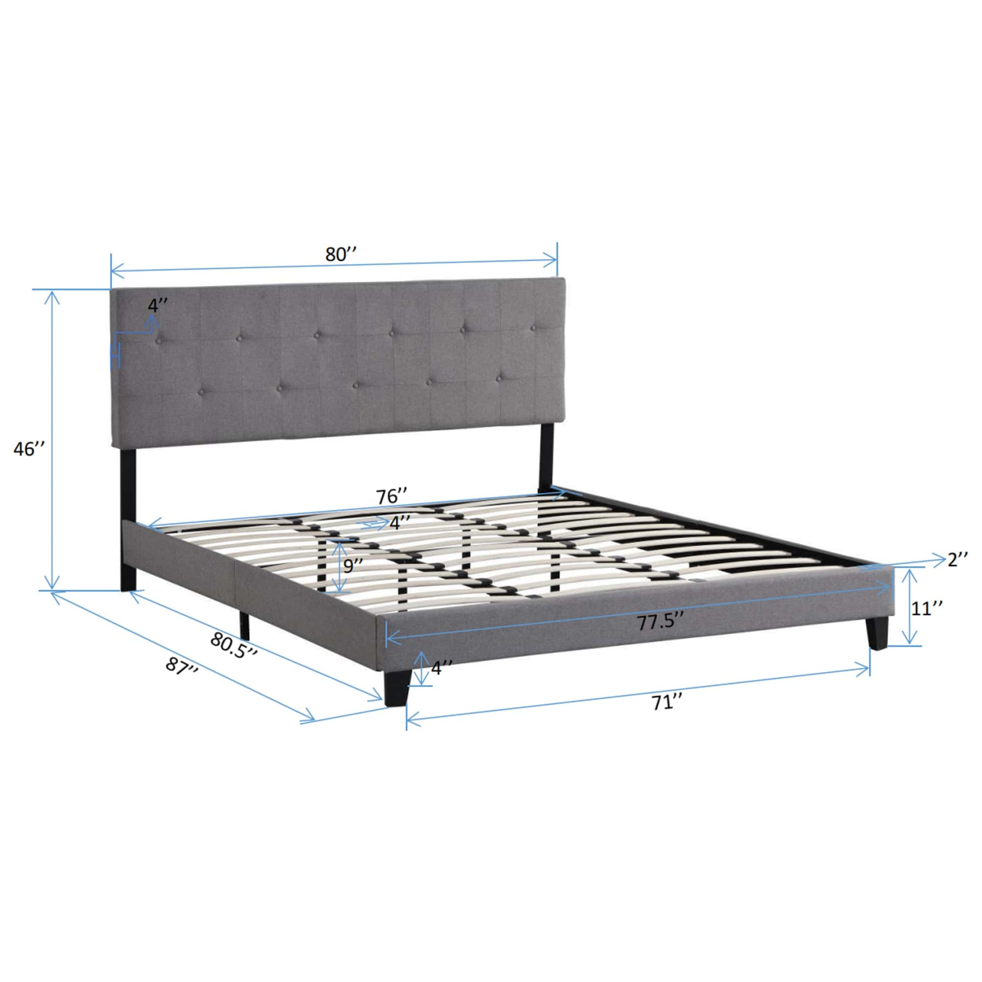 King Size Upholstered Platform Bed Frame with Button Tufted Linen Fabric Headboard, No Box Spring Needed, Wood Slat Support, Easy Assembly, Gray