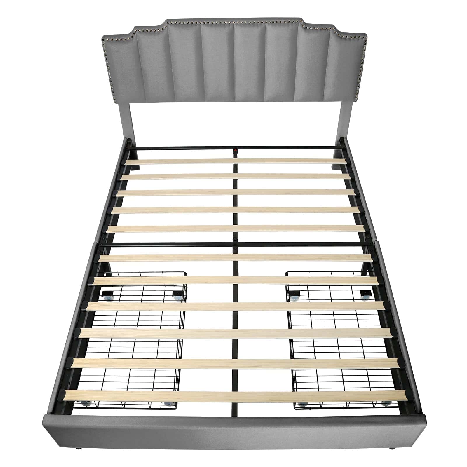 Queen Size Upholstered Platform Bed Linen Bed Frame with 2 Drawers Stitched Padded Headboard with Rivets Design Strong Bed Slats System No Box Spring Needed Grey