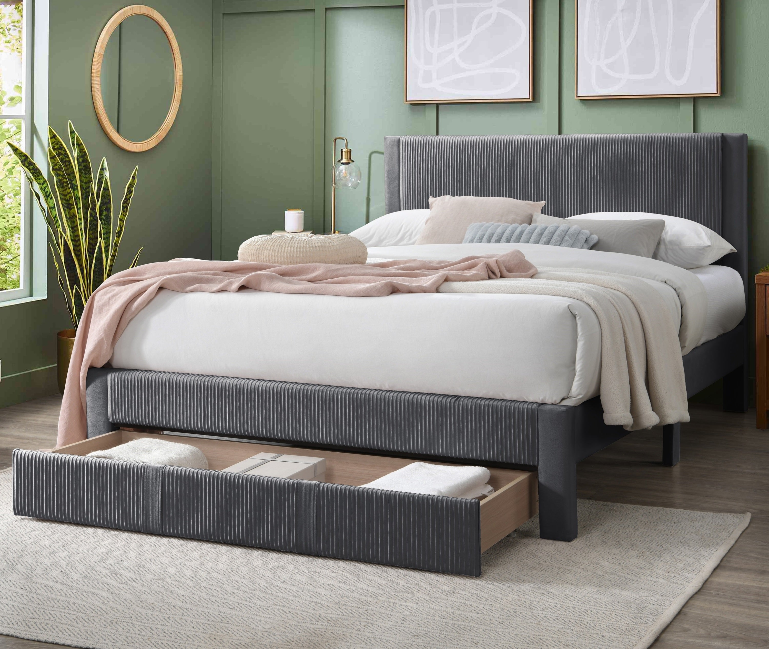 Contemporary 1pc Queen Size Bed w Storage Drawer Charcoal Corduroy Texture Design Platform Bedframe