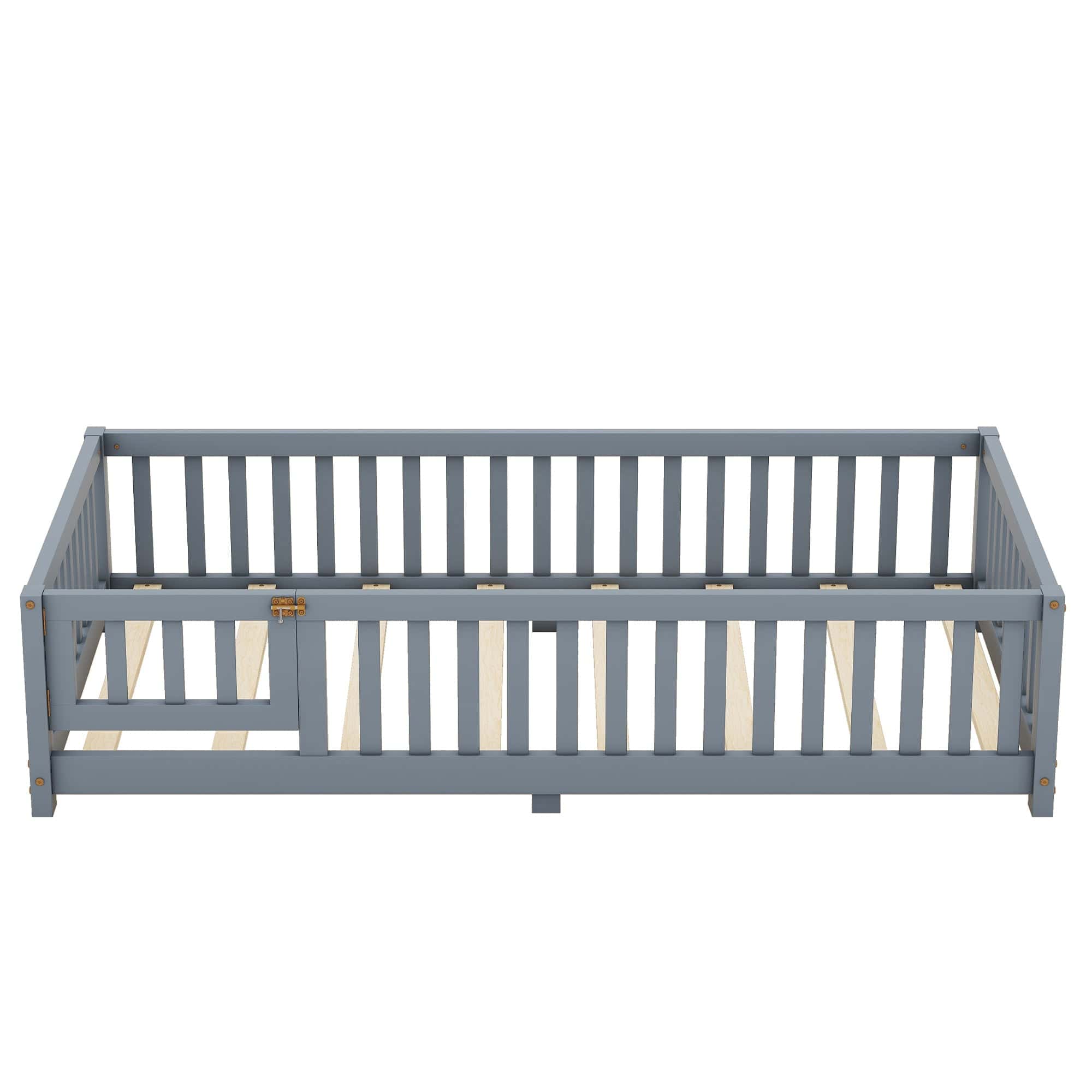 Twin Size Bed Floor Bed with Safety Guardrails and Door for Kids, Gray(Old SKU: W158090685)