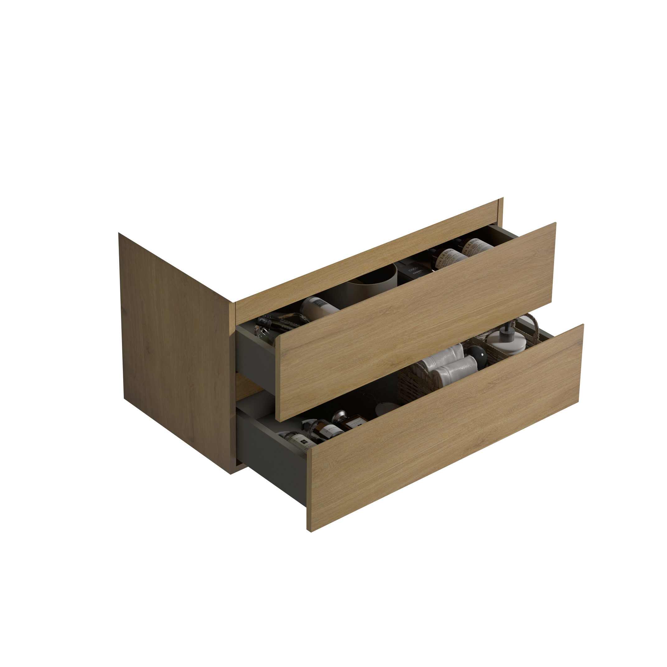 Alice36-106, Wall mount cabinet WITHOUT basin, Natural oak color, with two drawers, Pre-assembled