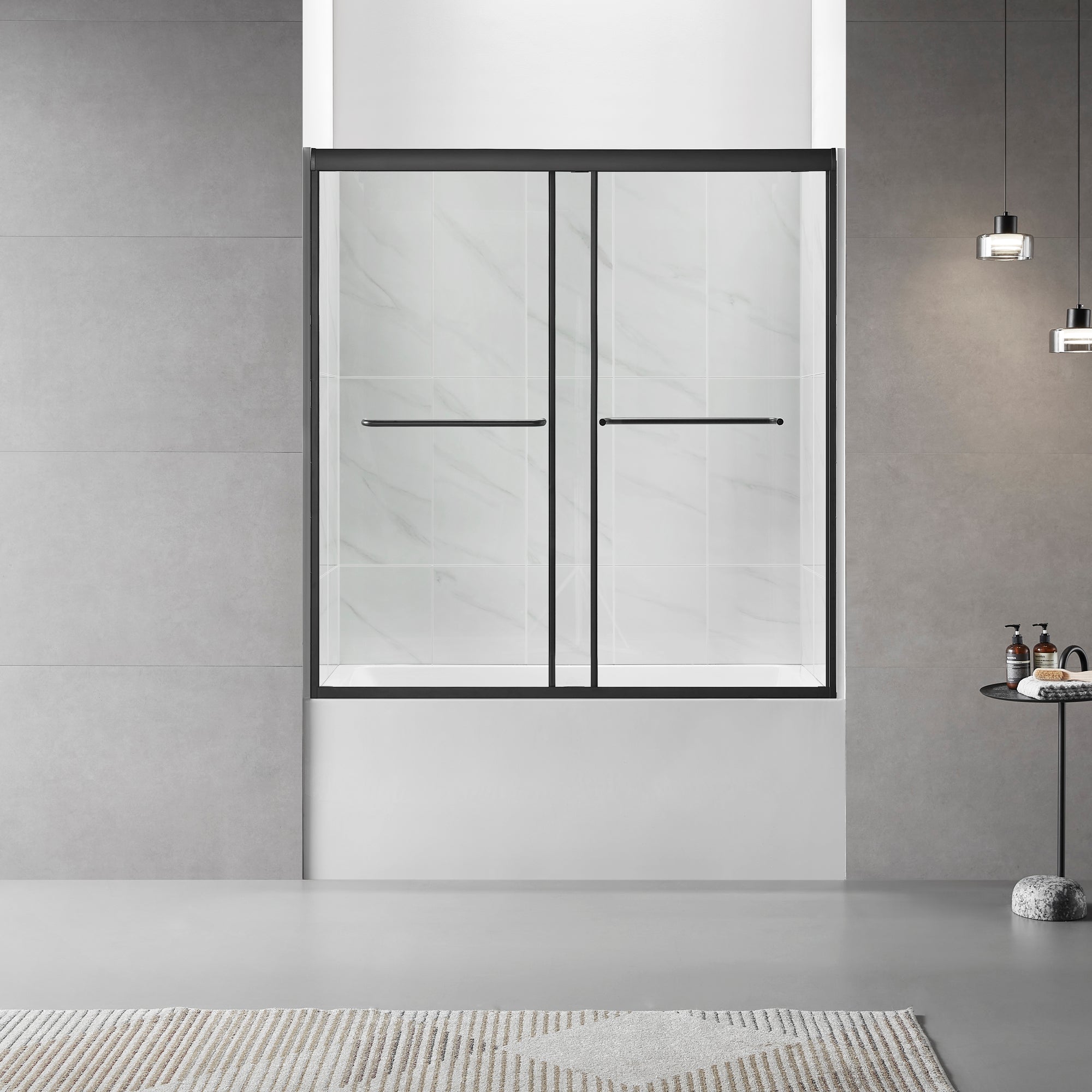60"W x 60"H Bathtub Glass Sliding Shower Tub Door, 1/4 in. Clear Glass, Framed Bypass Double Sliding Tub Glass Door, Matte Black Finish