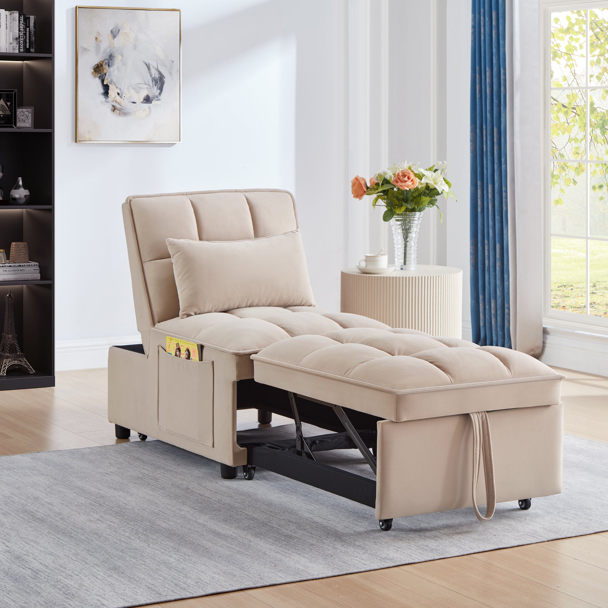 4 in1 Multi-Function Single Sofa Bed with Storage Pockets,Tufted Single Pull-out Sofa Bed with Adjustable Backrest and Pillows ,Convertible Chaise Lounge,Taupe