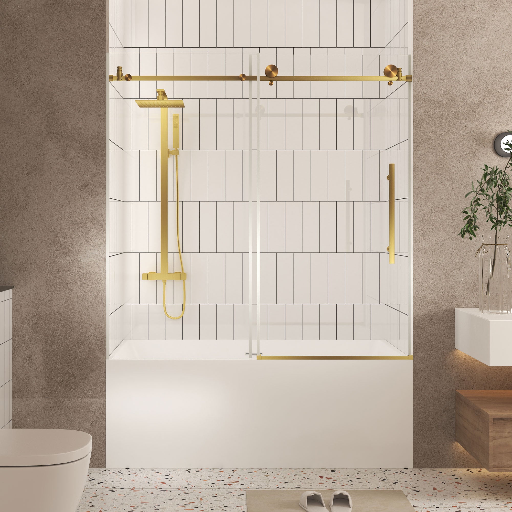 Frameless shower door 56-60 inch brushed gold front view