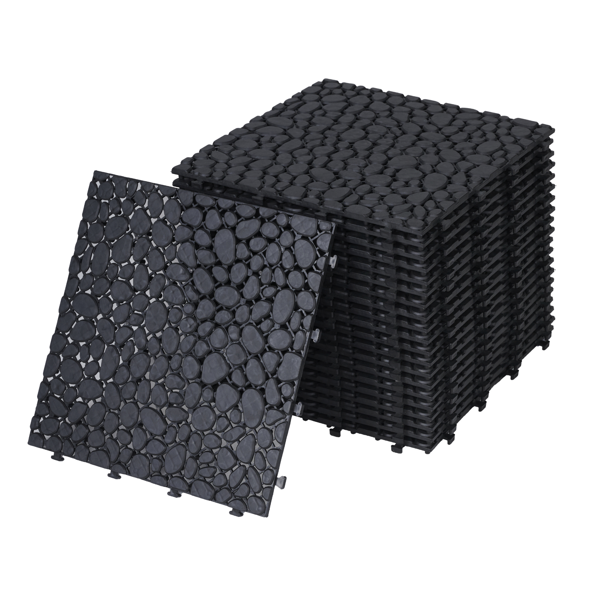12 x 12 Inch Black Interlocking Deck Tiles Plastic Waterproof Outdoor All Weather Anti-slip Bathroom Shower Balcony Porch Strong Weight Capacity Upto 440 LBS, Pebble Stone Pattern Pack of 12