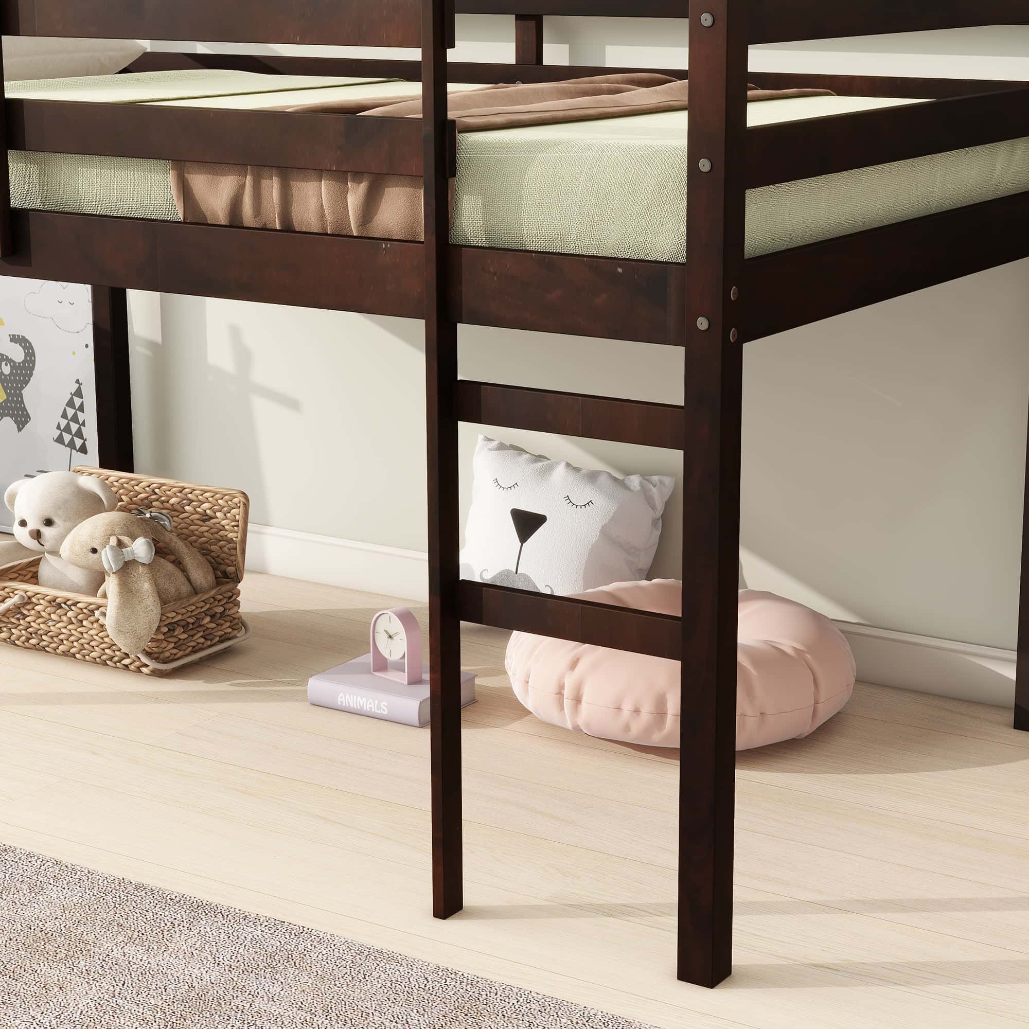 Solid Wooden, Rubber Wooden Twin Loft Bed with Ladder, Bed Platform of Strengthened Slats , Espresso