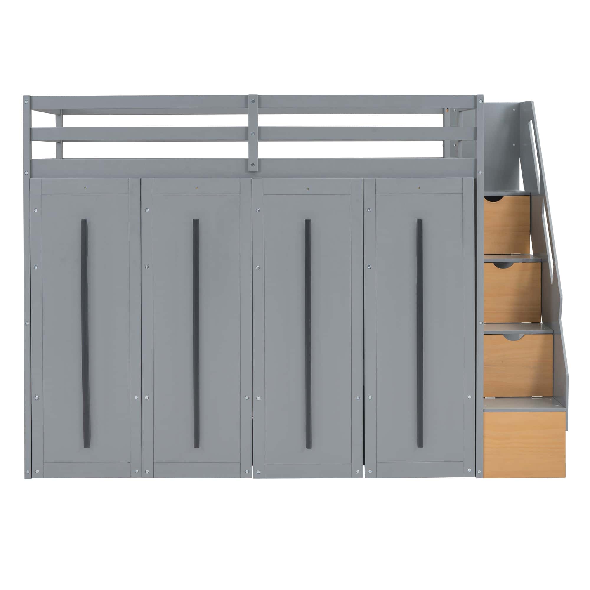 Modern Loft Bed with Two-Tone Storage Stairs and Pull-Out Wardrobes, Gray