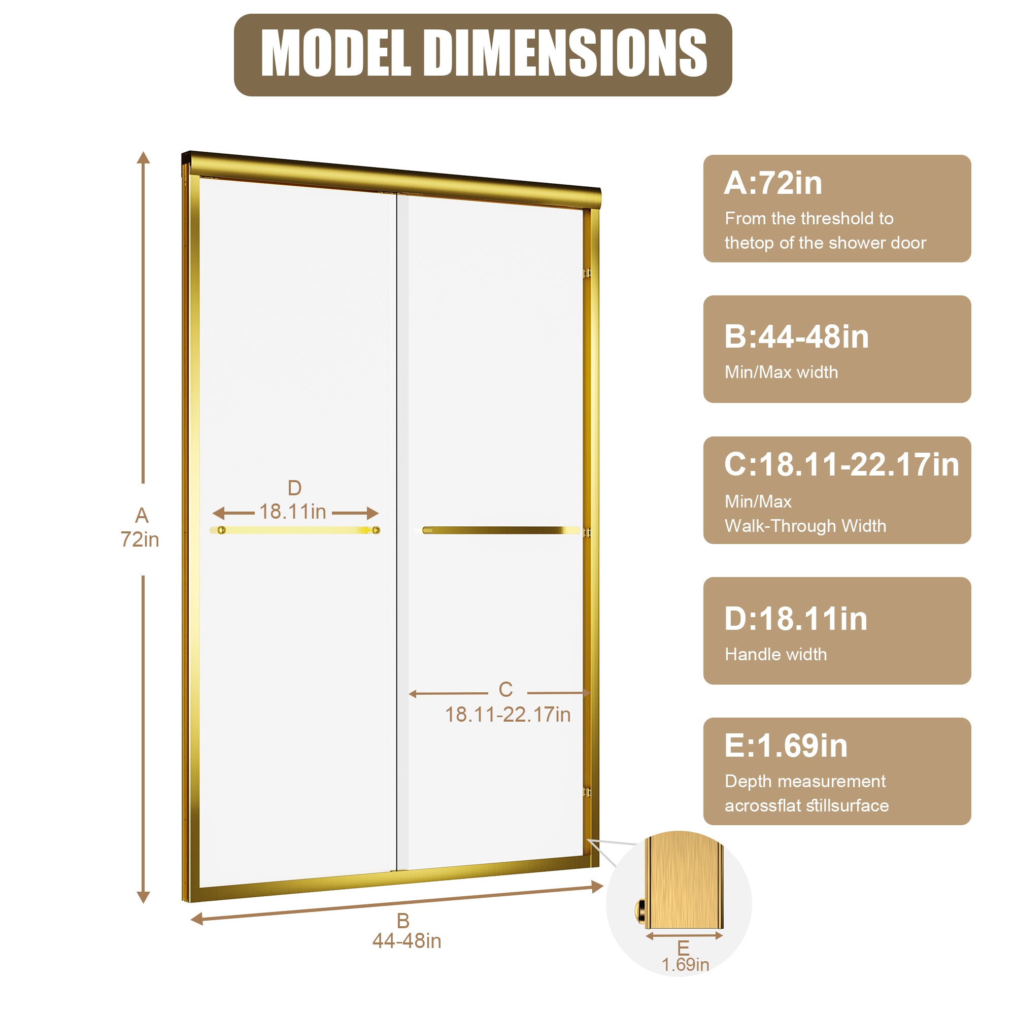 Brushed gold double sliding shower door, 44-48 inch, glass detail view