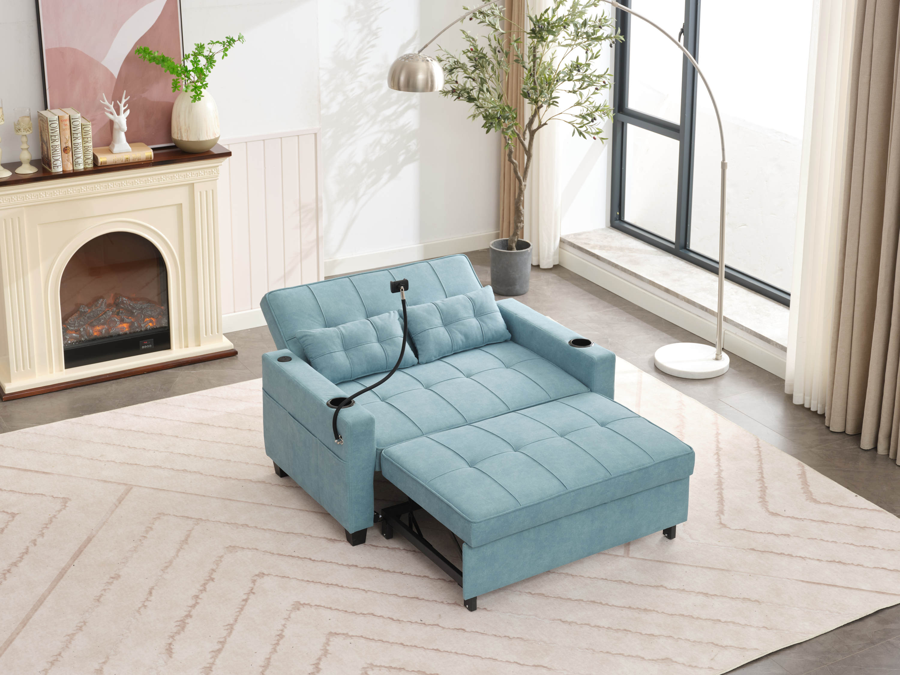 Futon Chair Bed Convertible Chair 3-in-1 Pull Out Sleeper Chair Beds with USB Ports,Wear-resistant and Anti-scratch, Armchair Bed Sleeper for Living Room (Green Tech cloth)