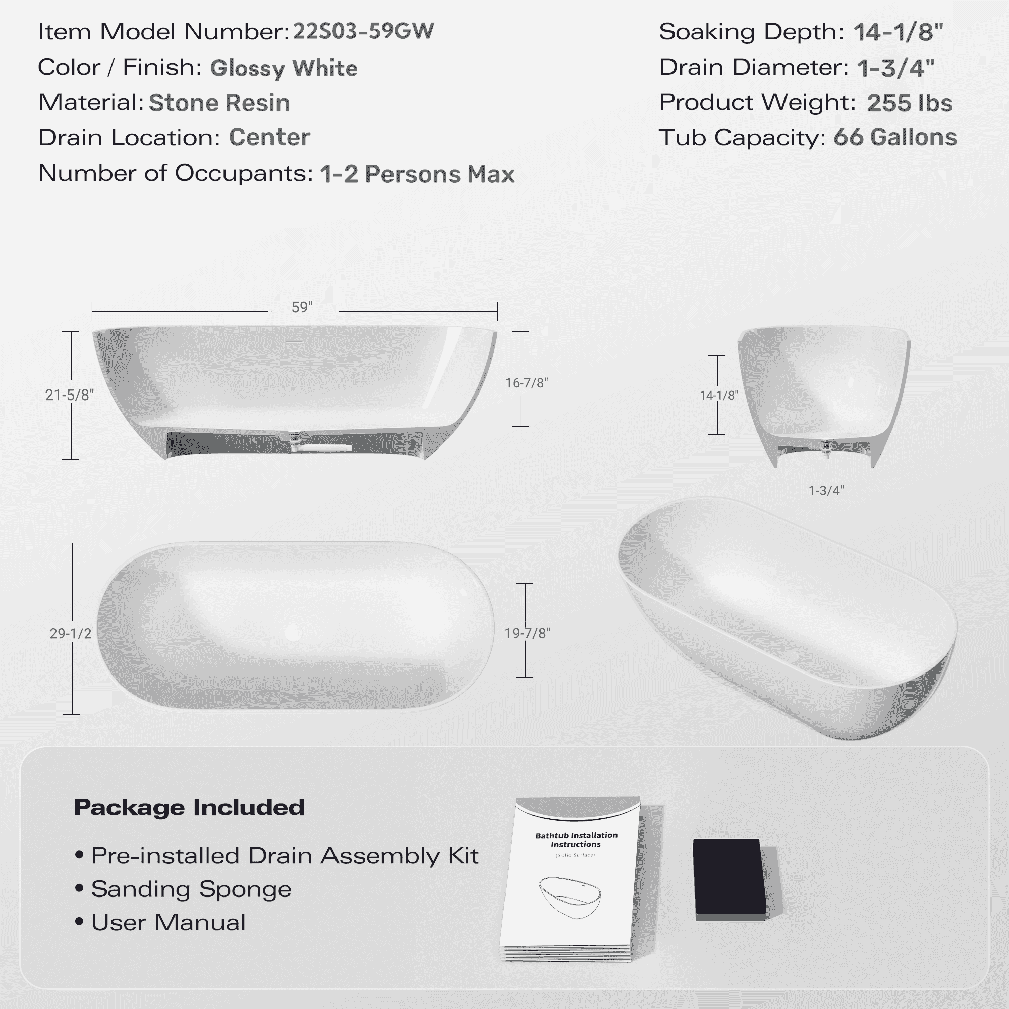 59" Freestanding Solid Surface Bathtub, Luxury Man-made Stone Resin Freestanding Soaking Bathtub with Overflow and Pop-up Drain for Contemporary Bathroom, Glossy White 22S03-59GW