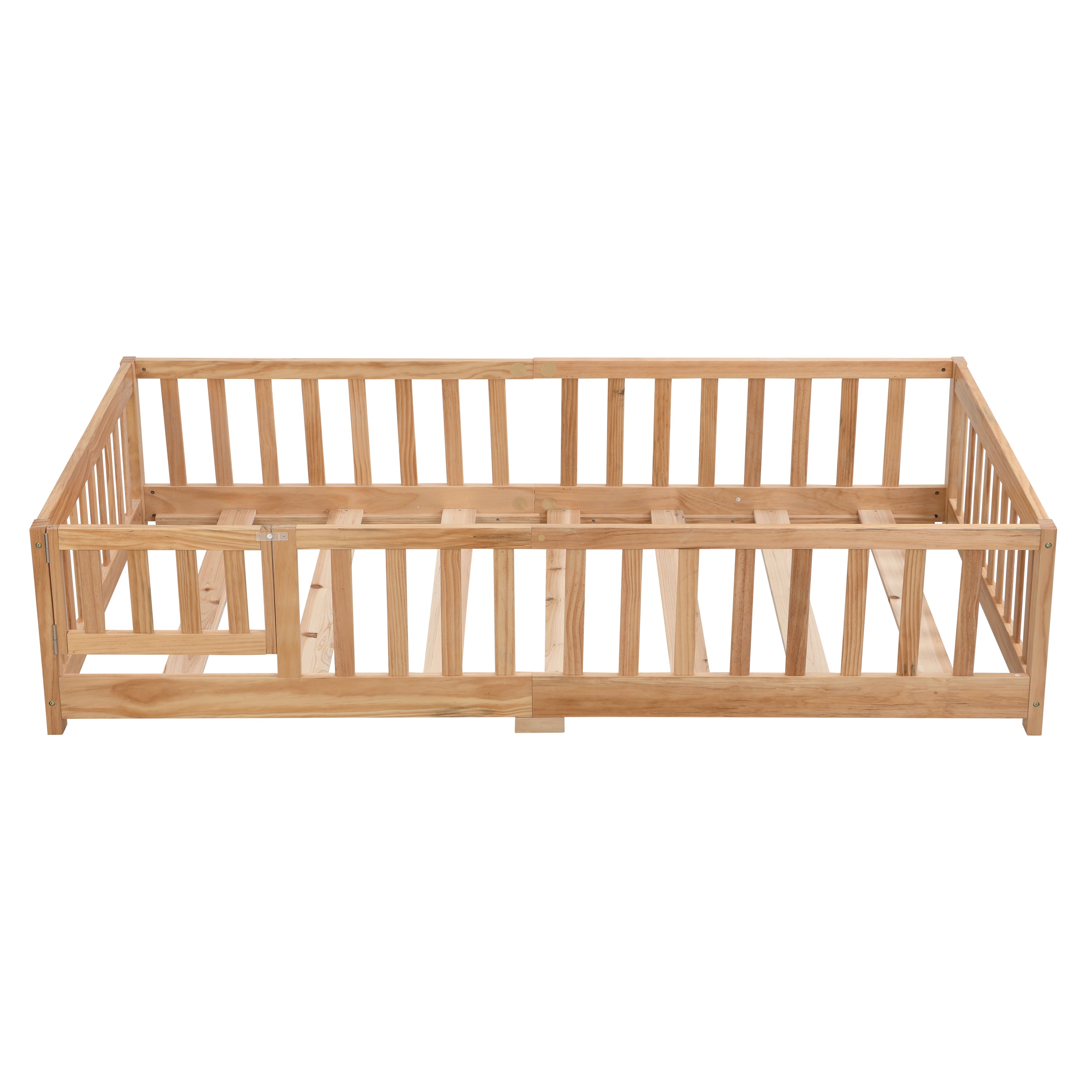 Twin Size Floor Bed with Door,Solid Wood Platform Bed Frame  with Fence,Suitable for children,Pine Wood,Natural