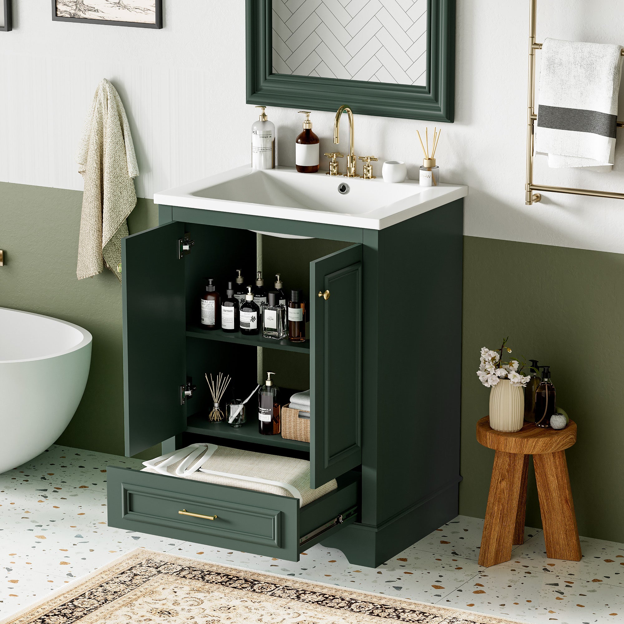 Ceramic sink top detail on 24-inch bathroom vanity