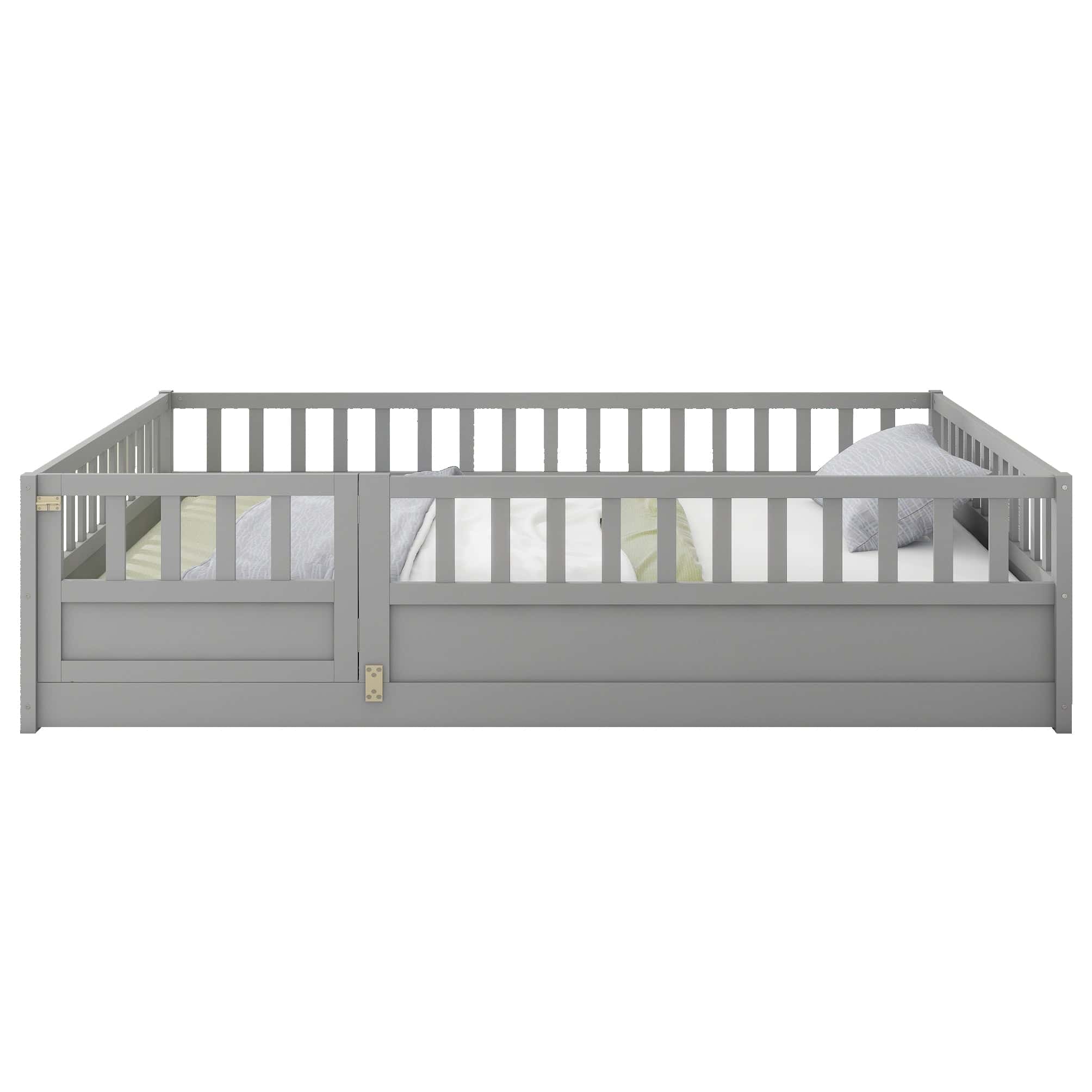 Full size Floor bed, integral construction with super high security barrier, door, children's floor bed frame, Montessori wooden children's floor bed, Grey