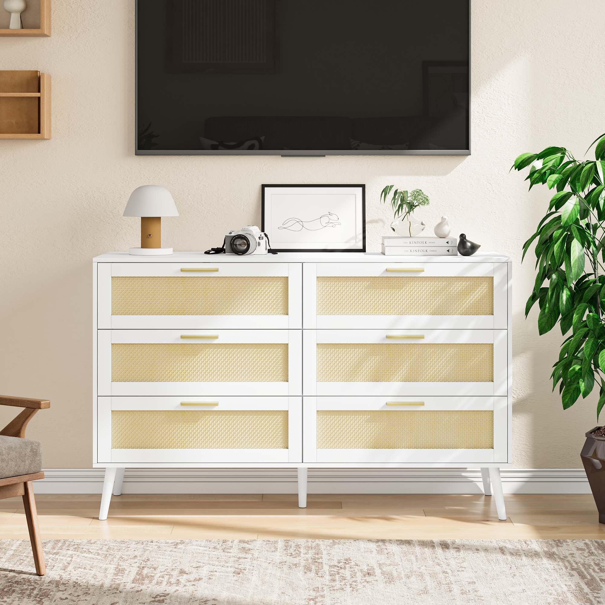 white Rattan 6 Drawers Chest of Dressers for Bedroom Modern 6 Drawer Dresser, Wide Chest of Drawers with Gold Handles, Rattan Dresser Storage Cabinet for Living Room, Bedroom, Hallway