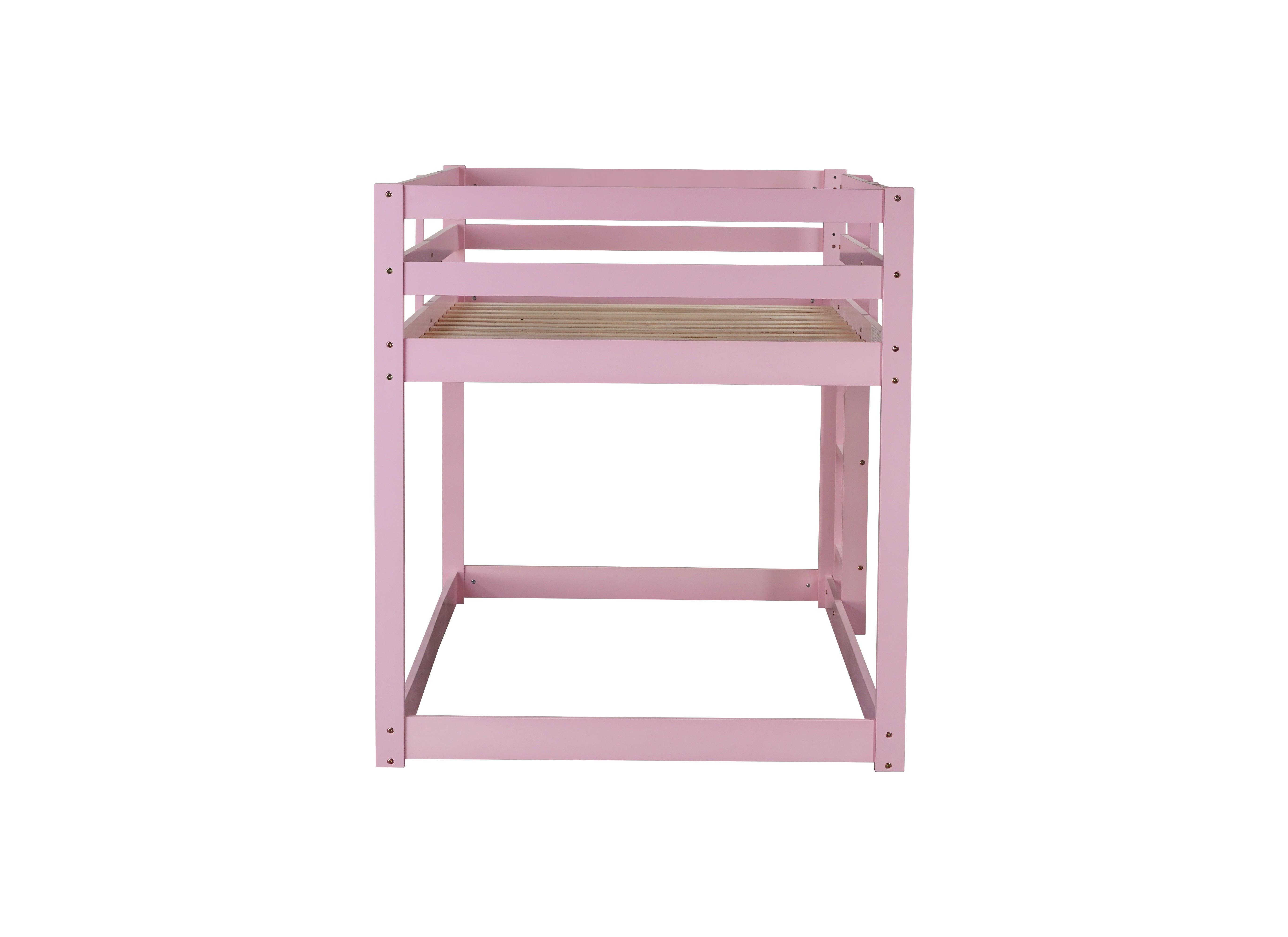 Pink twin over twin solid wood bunk bed in kids room setting