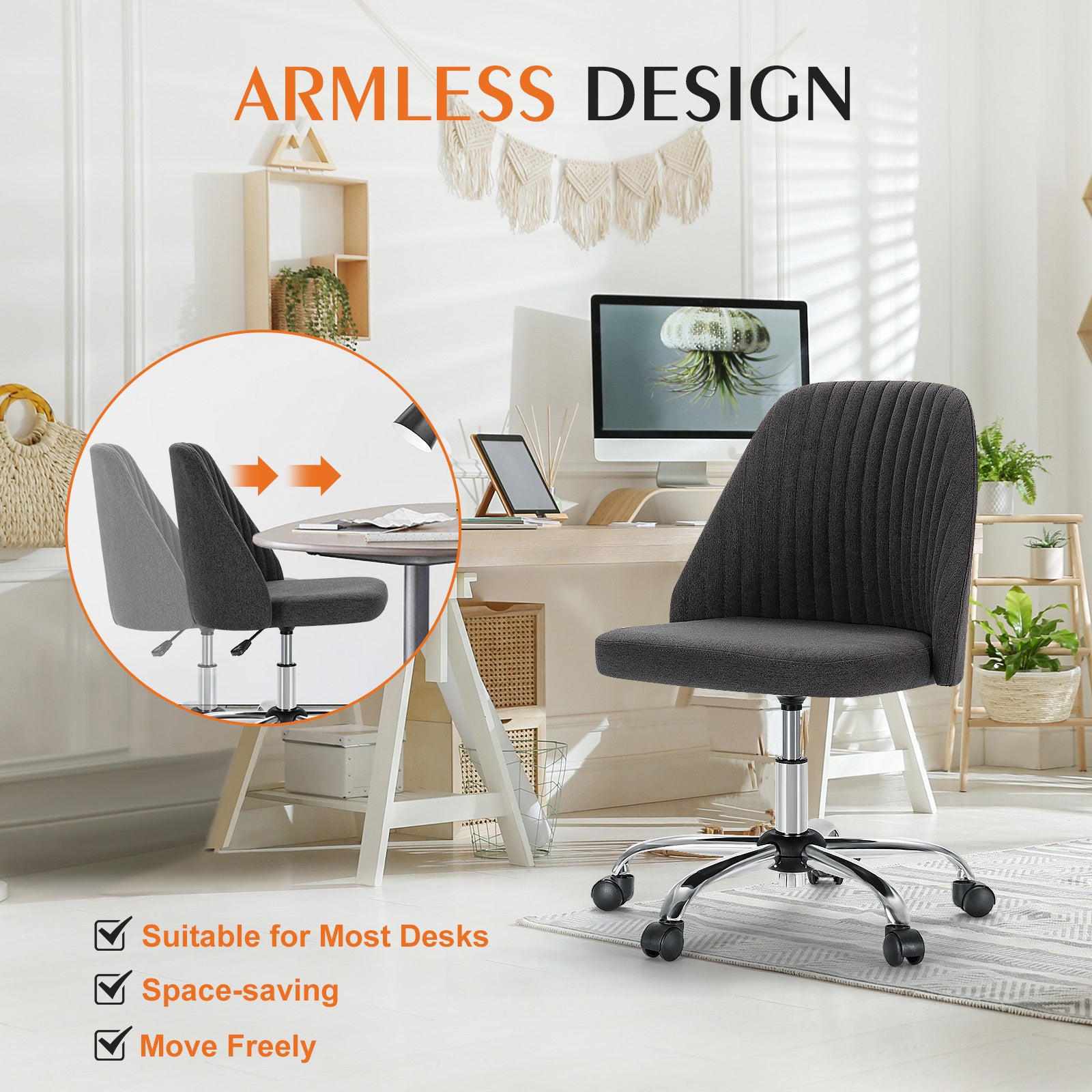 Sweetcrispy Armless Home Office Desk Chair with Wheels Adjustable Swivel Task Computer Vanity Chair for Small Spaces