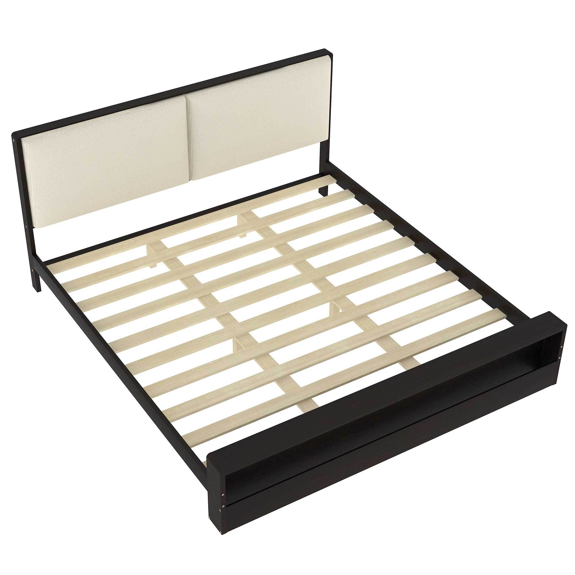 King Size Platform Bed Frame with Upholstery Headboard and Bookshelf in Footboard and LED Light Strips, Espresso