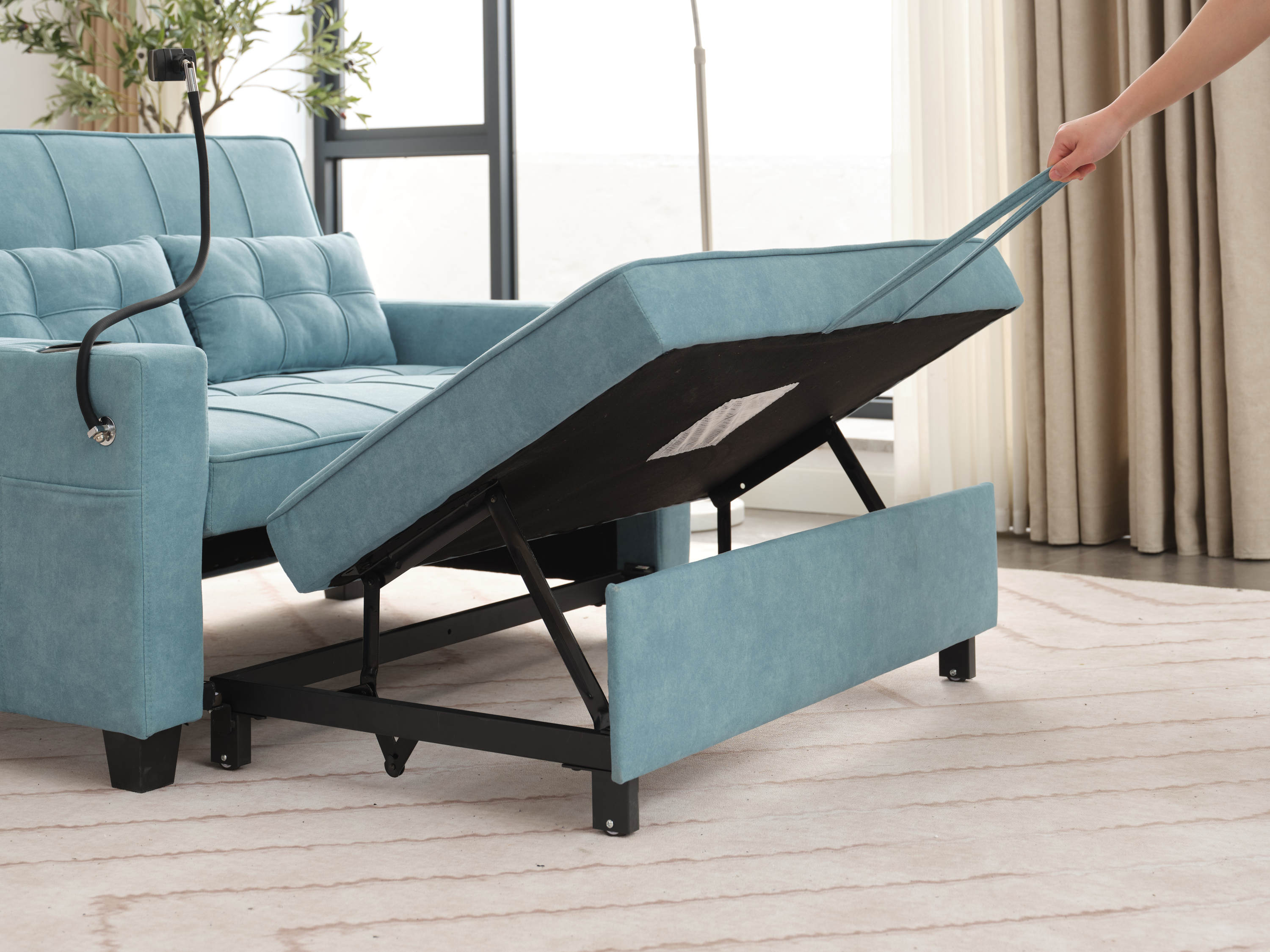 Futon Chair Bed Convertible Chair 3-in-1 Pull Out Sleeper Chair Beds with USB Ports,Wear-resistant and Anti-scratch, Armchair Bed Sleeper for Living Room (Green Tech cloth)