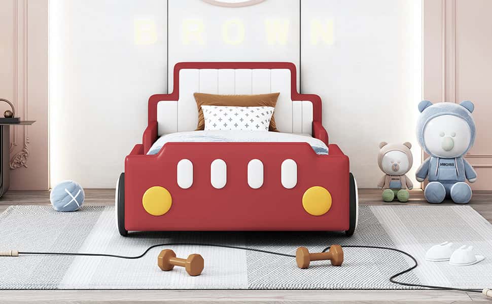 Twin Size Race Car-Shaped Platform Bed with Wheels,Red