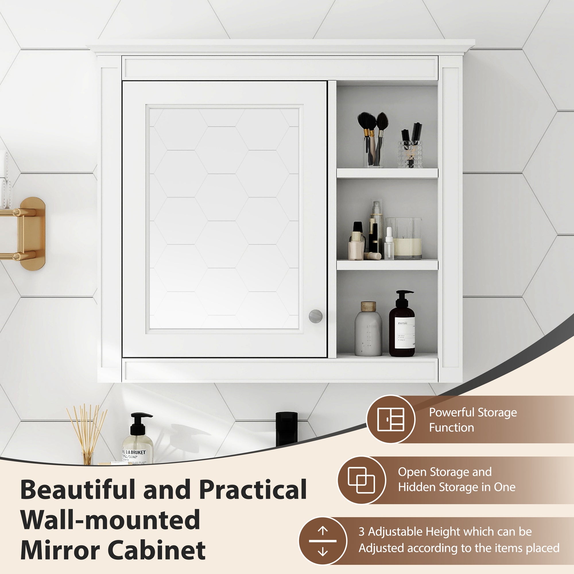Wall-mounted mirror medicine cabinet 30 x 28 inch, mounted detail view