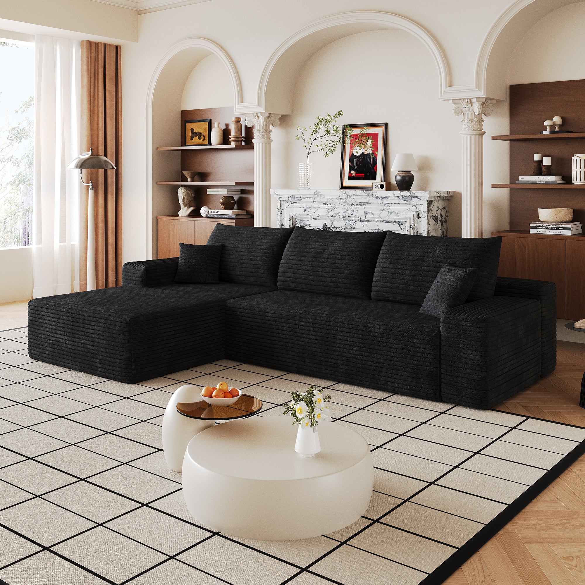 Black corduroy sectional sofa with chaise angled view
