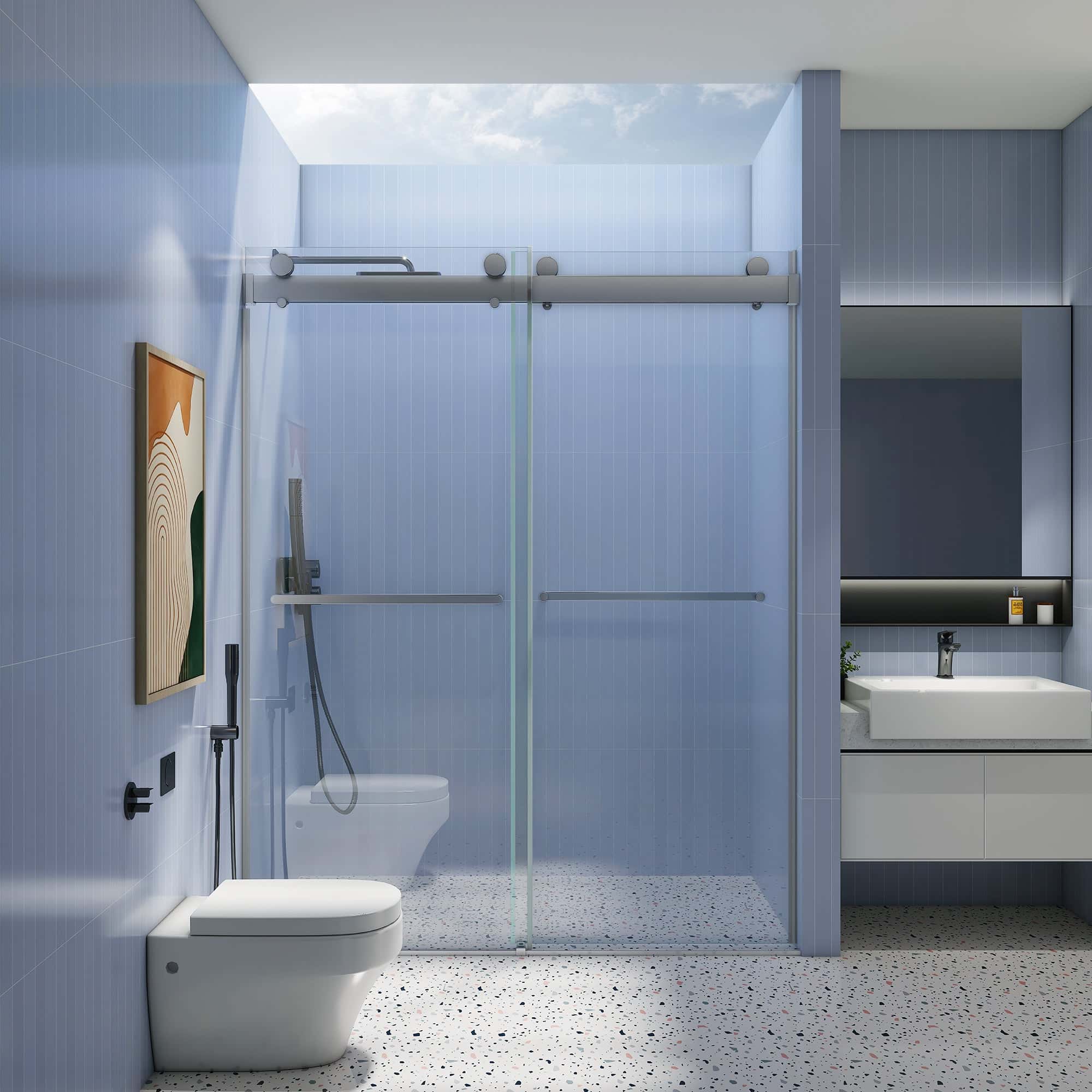 Double Sliding Frameless Soft-Close Shower Door,44-48"W x 76"H  Premium 3/8 Inch (10mm) Thick Tampered Glass and Easy-cleaning Coating in Chrome 23D02-48C