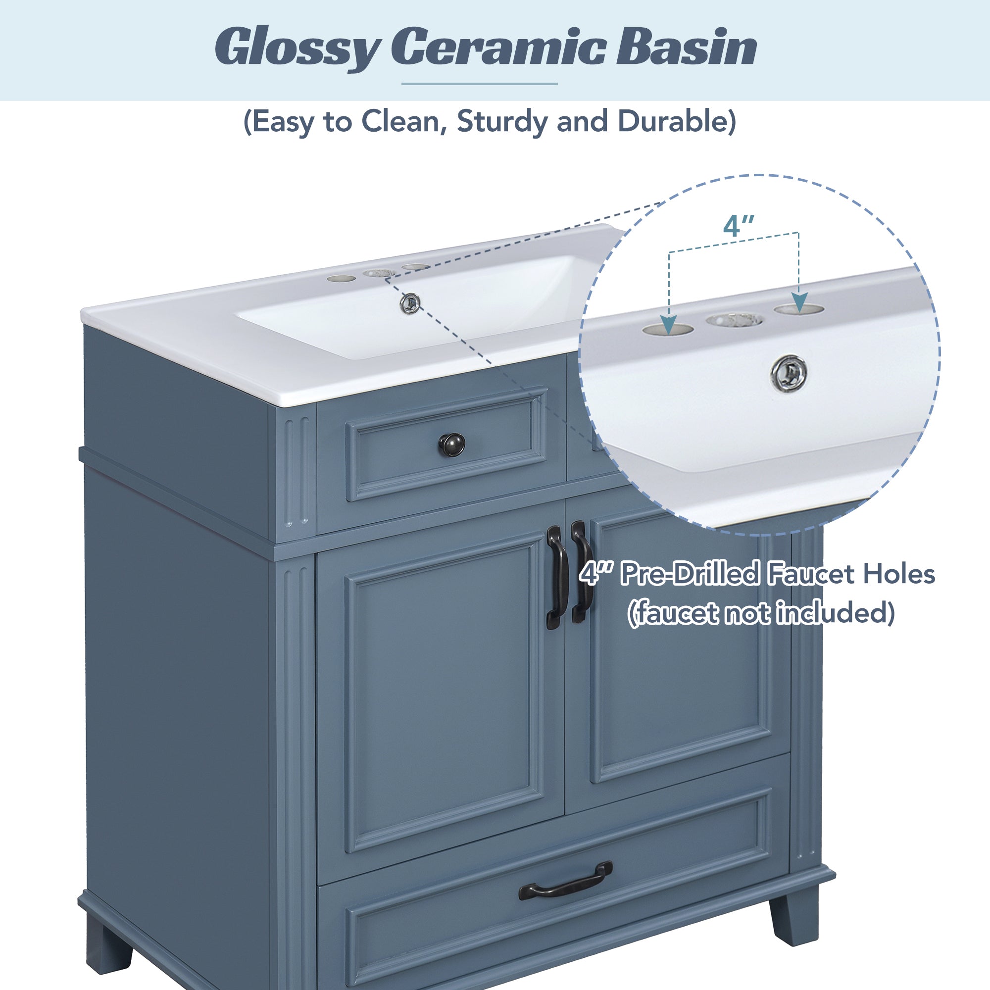 Blue retro bathroom vanity solid wood frame, open cabinet storage view