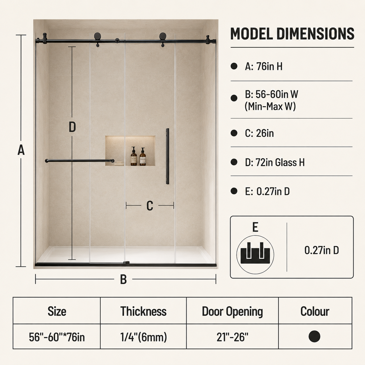 56-60 x 76 in Stainless Rail Frameless Sliding Shower Door - 56-60 x 76 in / Matte Black / Round Rail view 5