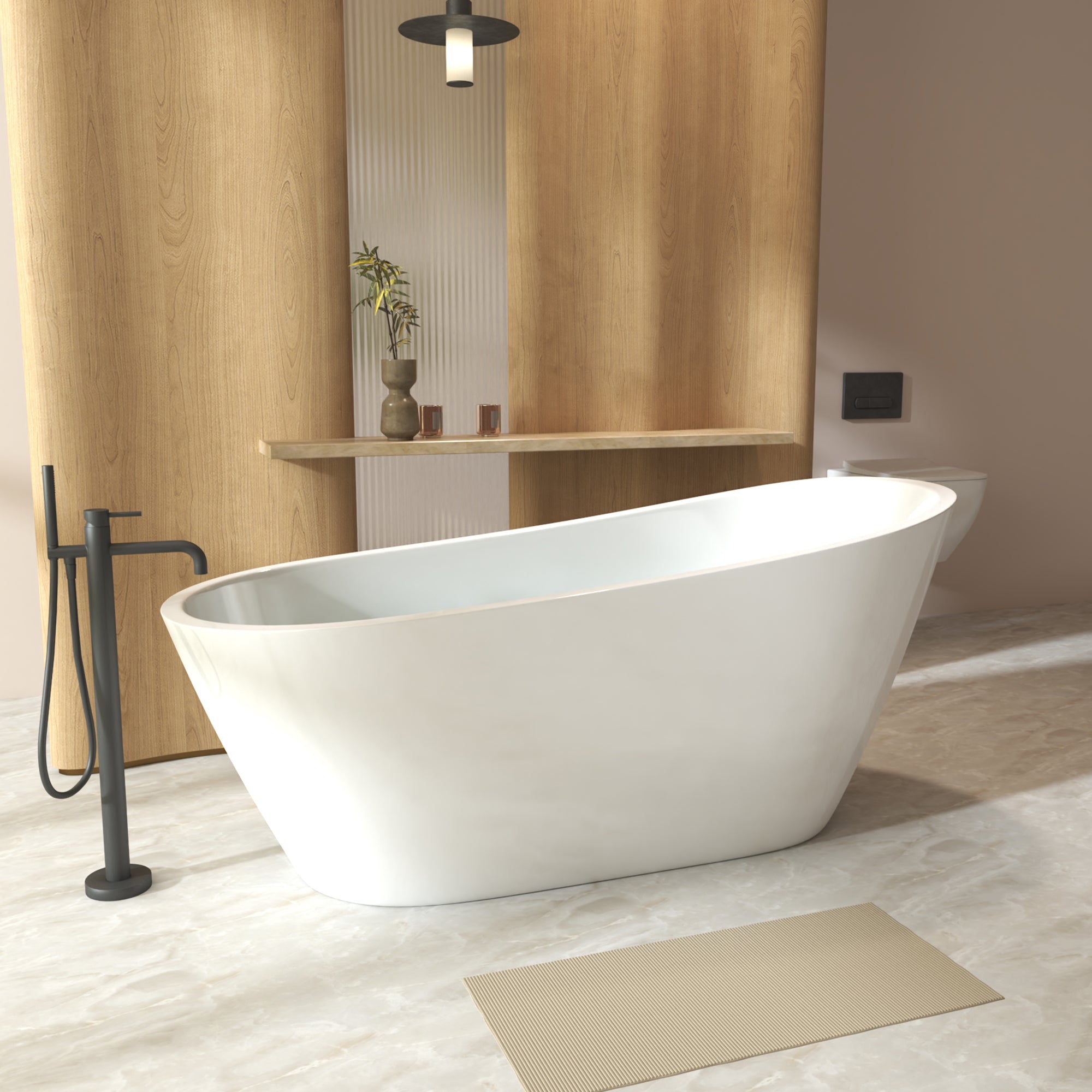 Freestanding slipper bathtub with chrome pop-up drain, gloss white, top view