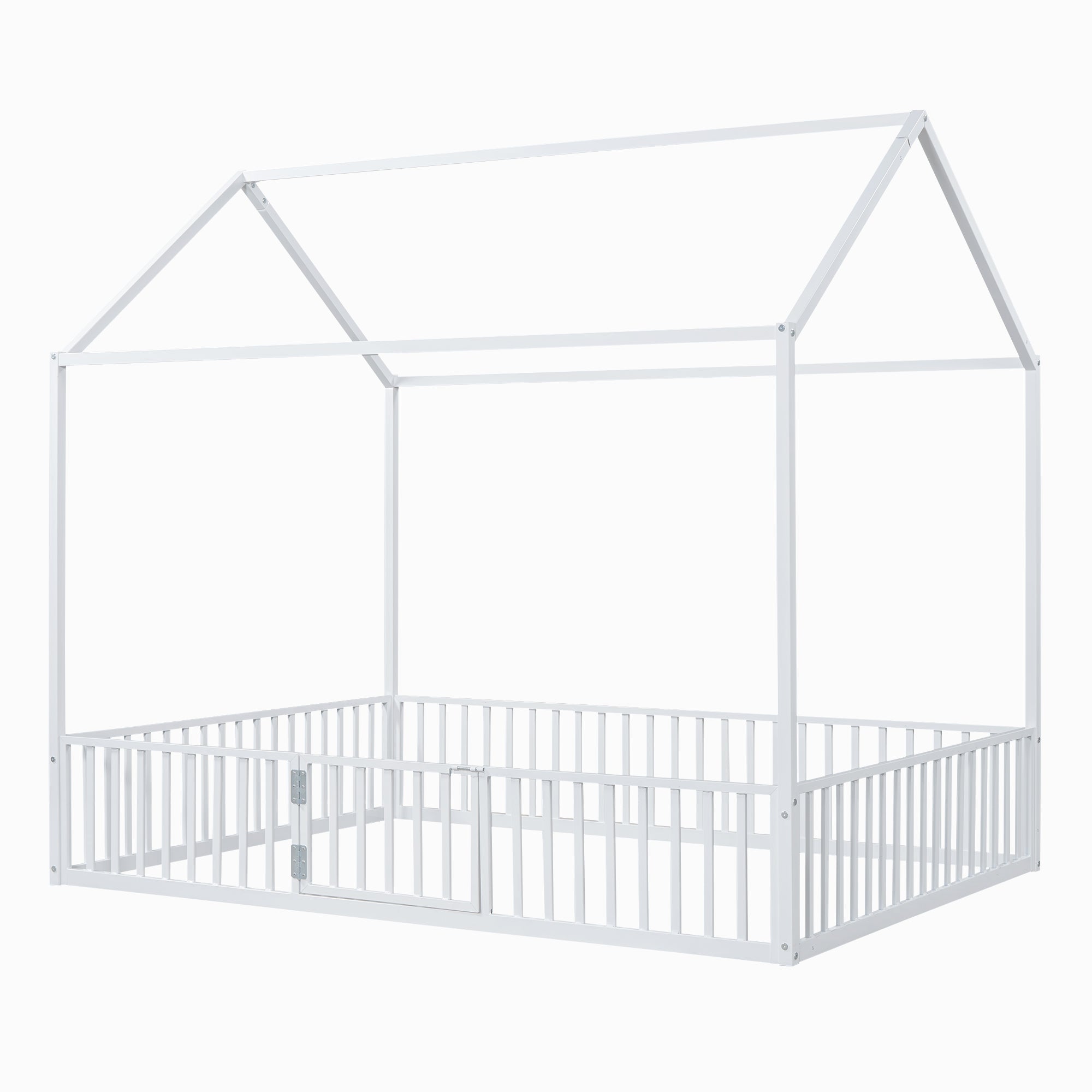 Full Size Metal House Bed with Fence and Door, White
