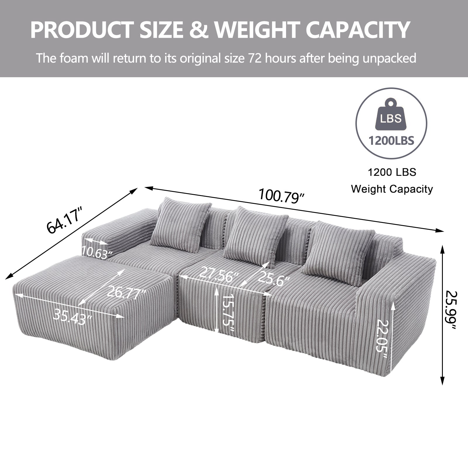Modern Minimalist Modular Sectional Sofa,  L-Shape Upholstered Cloud Couch with Deep Seats, Right Facing Chaise for Living Room-Light Gray