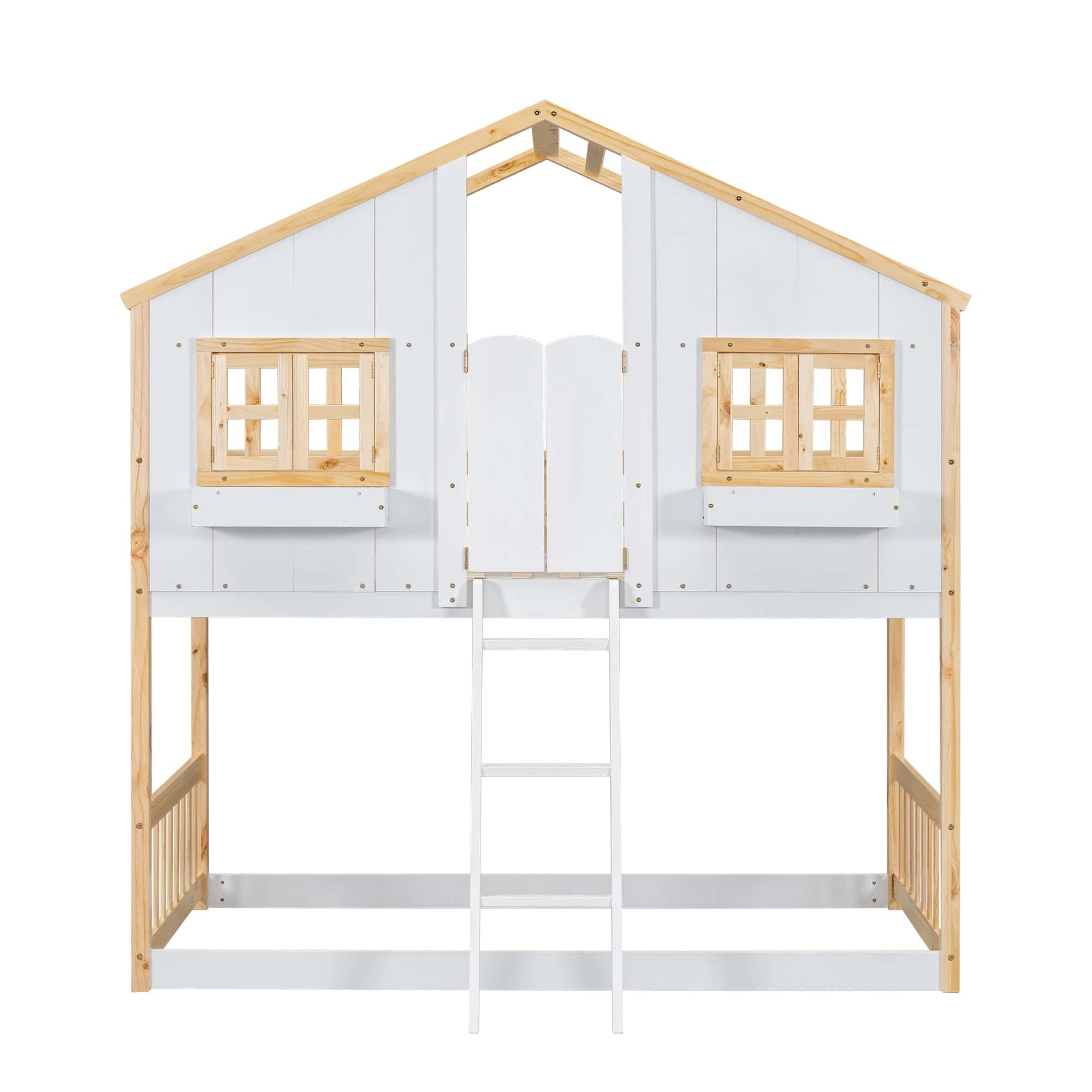 Twin over Twin House Bunk Bed with Roof , Window, Window  Box, Door , with Safety Guardrails and Ladder, Natural/White