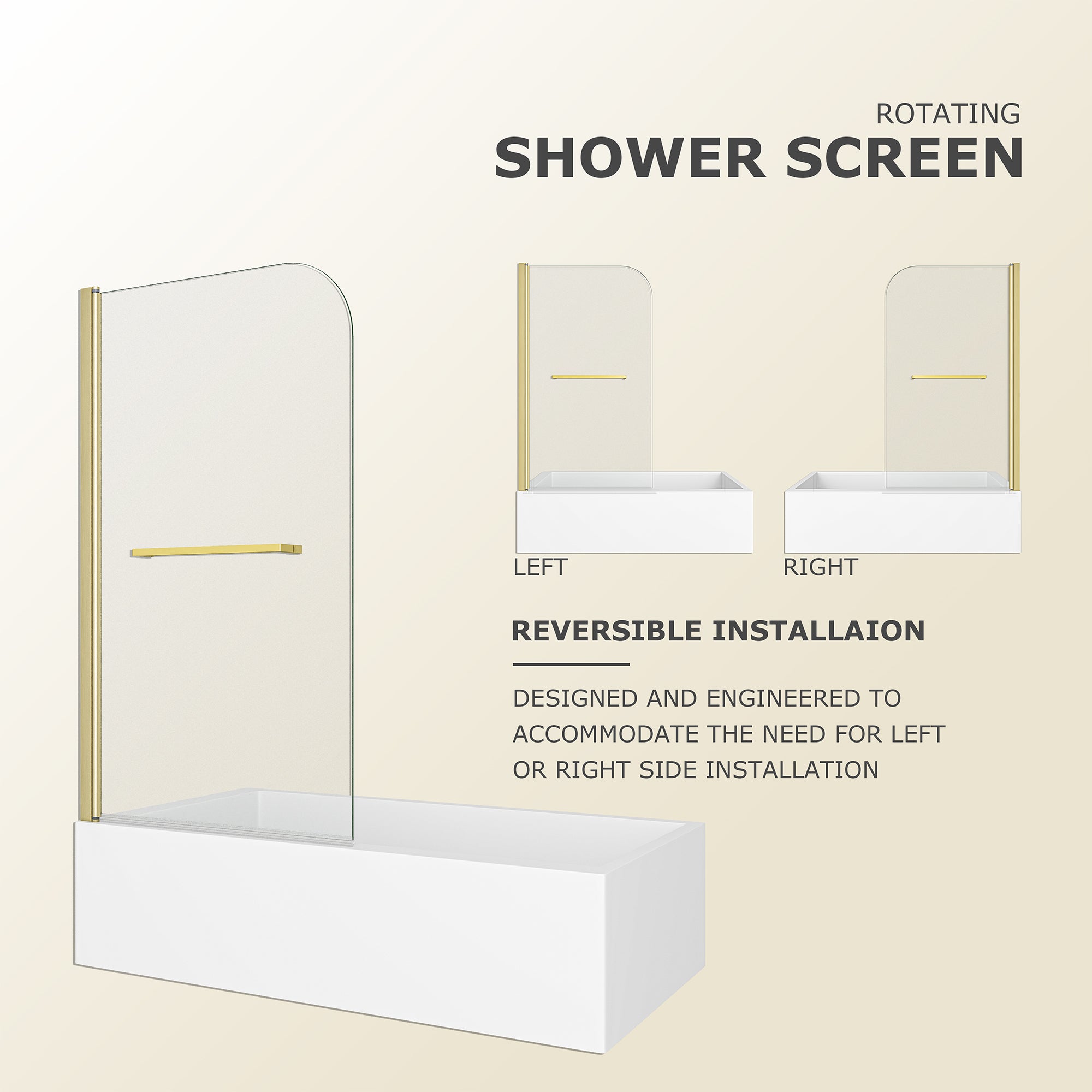 Brushed gold pivot hinge and frame detail for bathtub screen