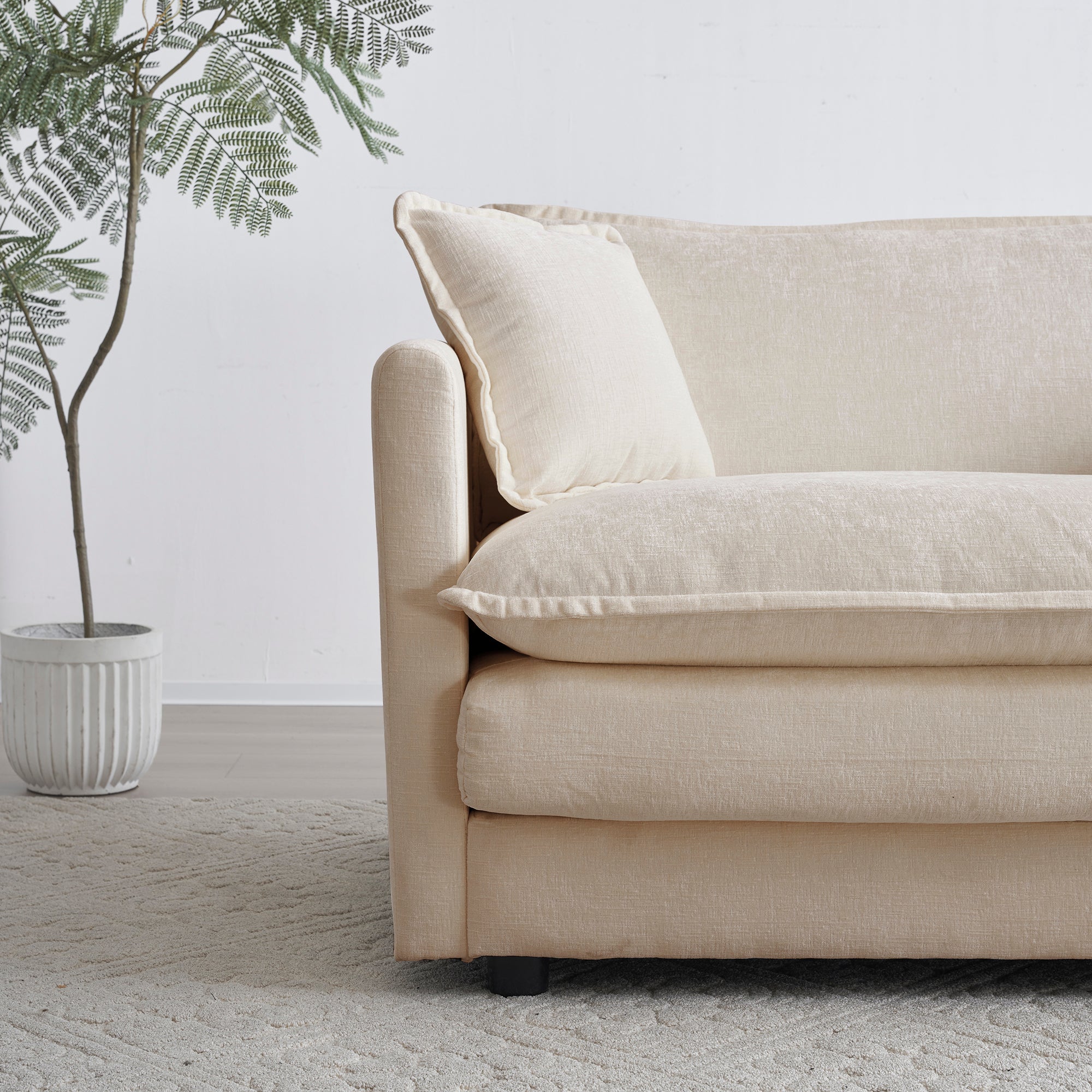 4 - Piece Upholstered Sectional Sofa, 1 - Piece of 2 Seater Sofa and 2- Piece of Ottomans , 2 Seater Loveseat Lounge with Ottomans , Beige Chenille