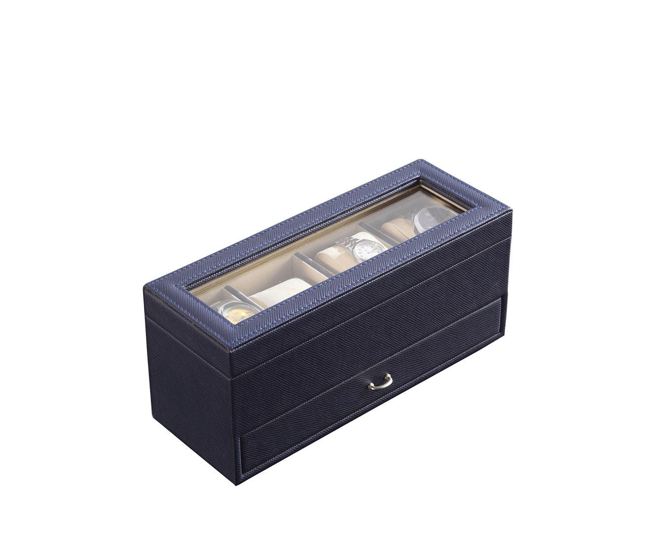 9.3" Long Tempered Glass and Leather Jewelry / Watch Display with Drawers, Blue
