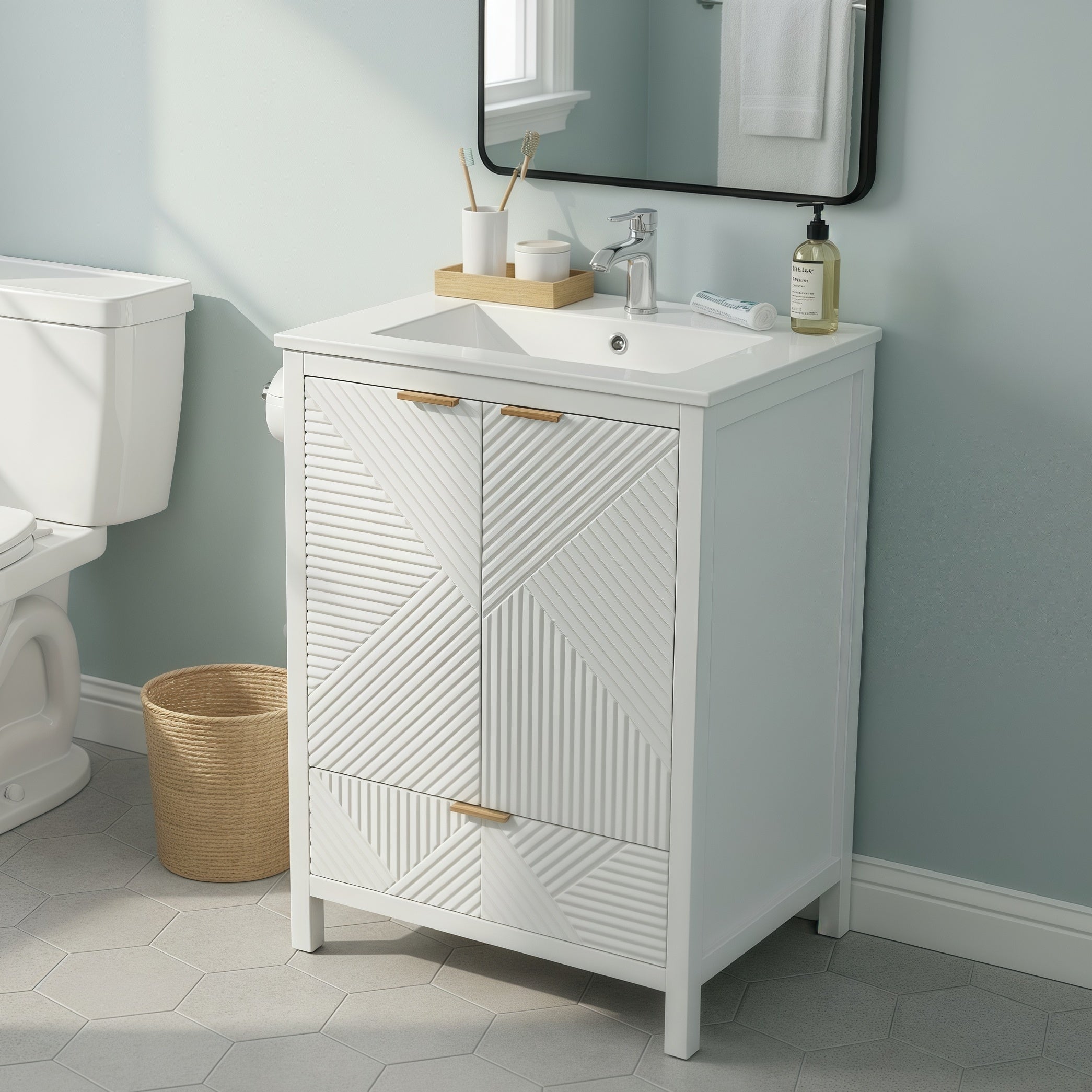 24-inch white bathroom vanity with textured door panels and drawer, angled view