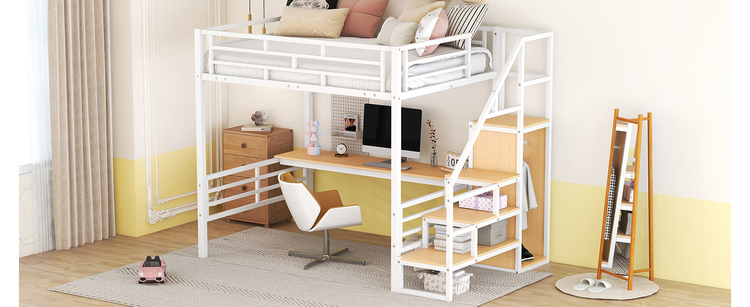 Full Size Metal Loft Bed with Desk, Storage Staircase and Small Wardrobe, Storage stairs can be installed left and right, White