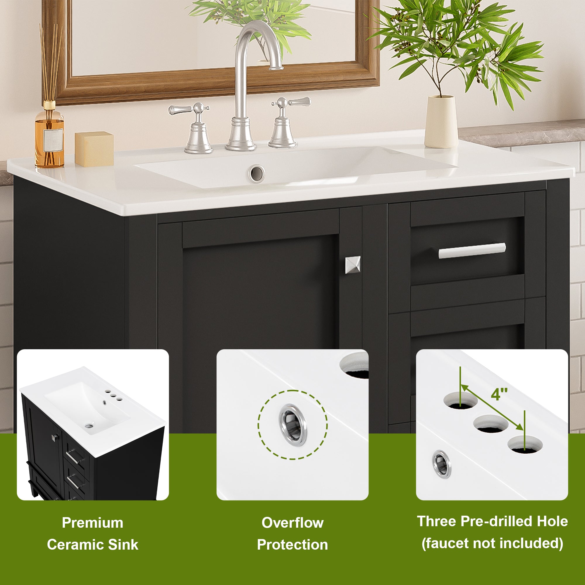 Modern 30 inch black bathroom vanity in styled bathroom setting