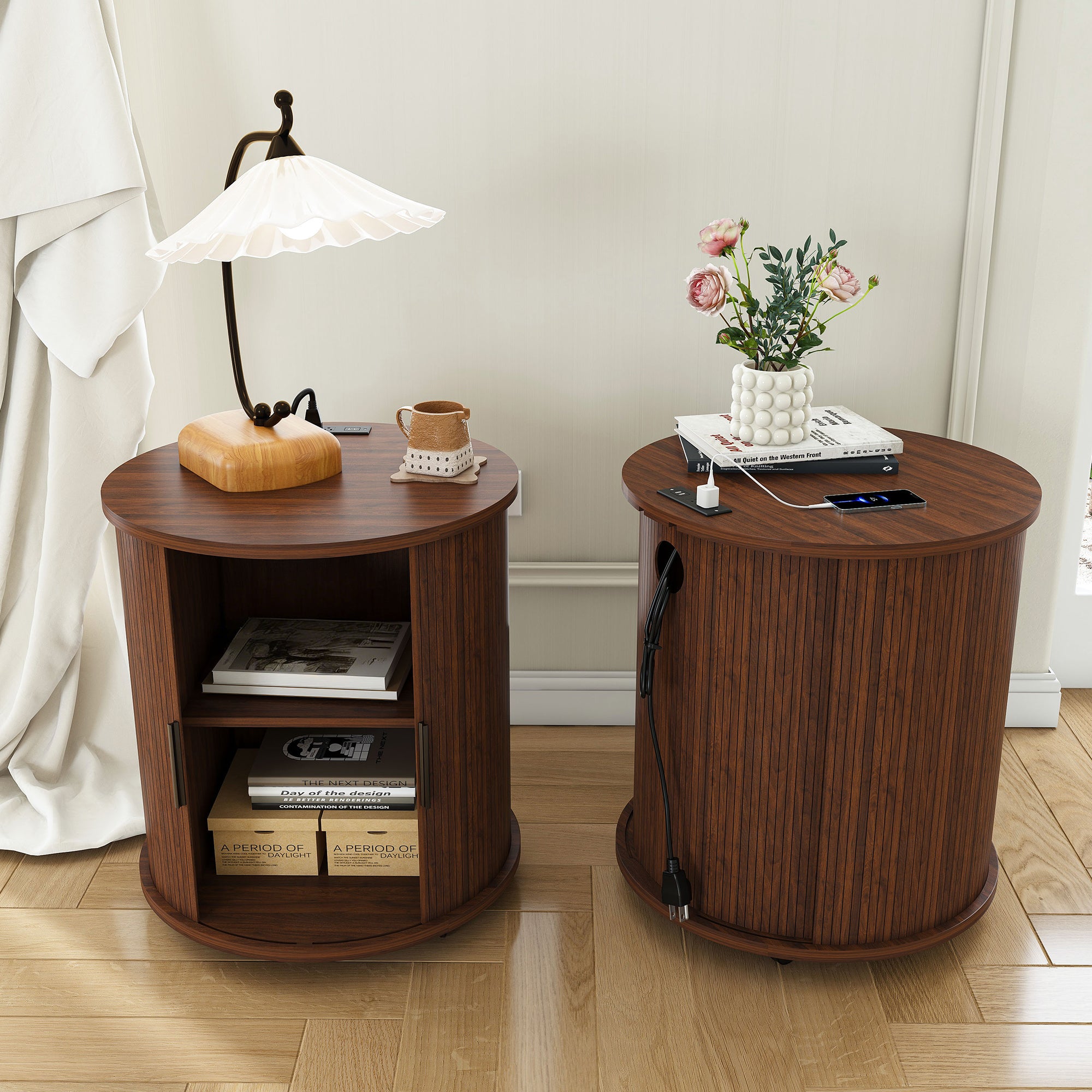 Walnut mid-century round nightstand set of 2 with charging station, front view