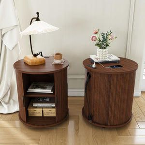 Walnut mid-century round nightstand set of 2 with charging station, front view