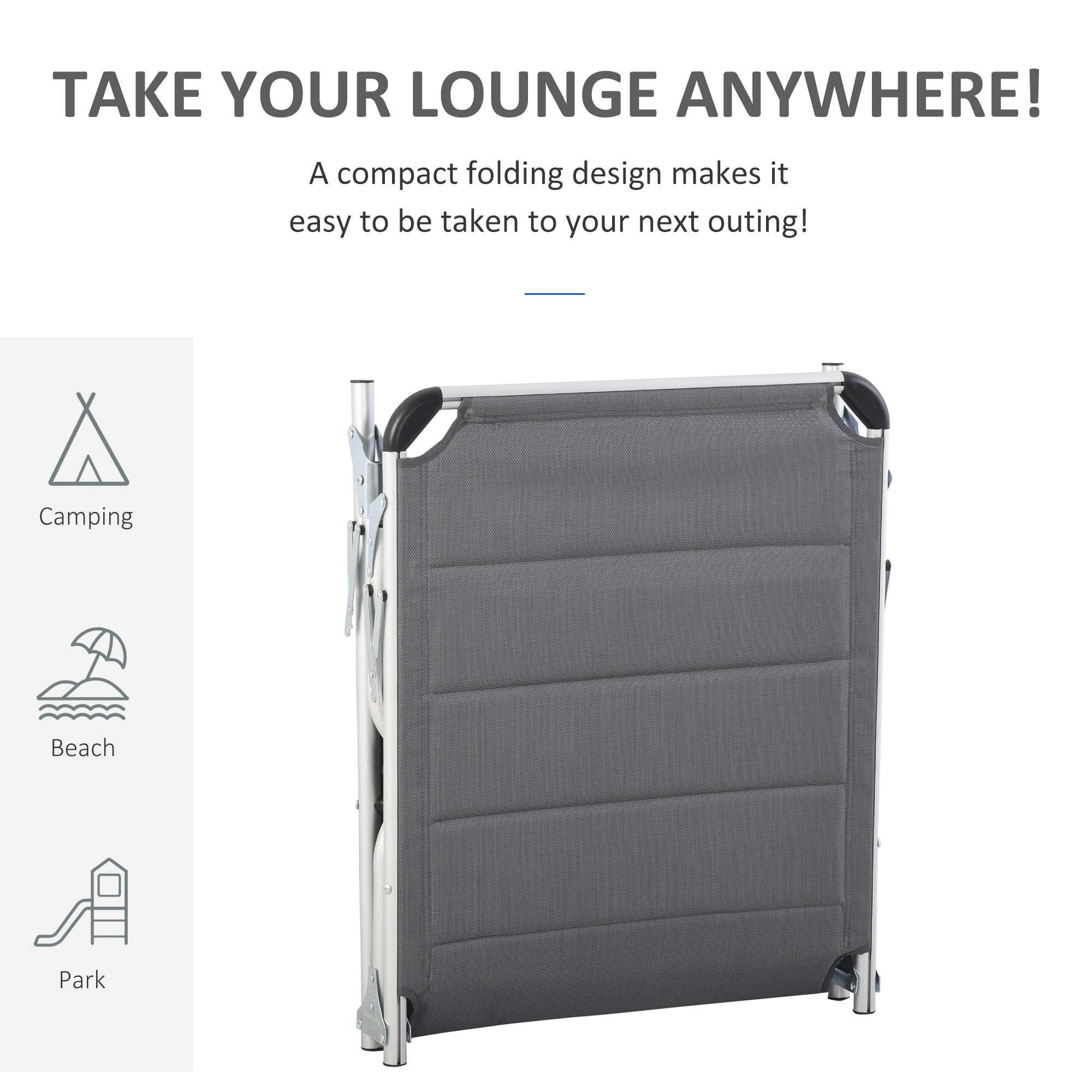 Outsunny Foldable Outdoor Chaise Lounge Chair, 5-Level Reclining Camping Tanning Chair with Aluminum Frame, Padding, and Headrest for Beach, Yard, Patio, Pool, Gray