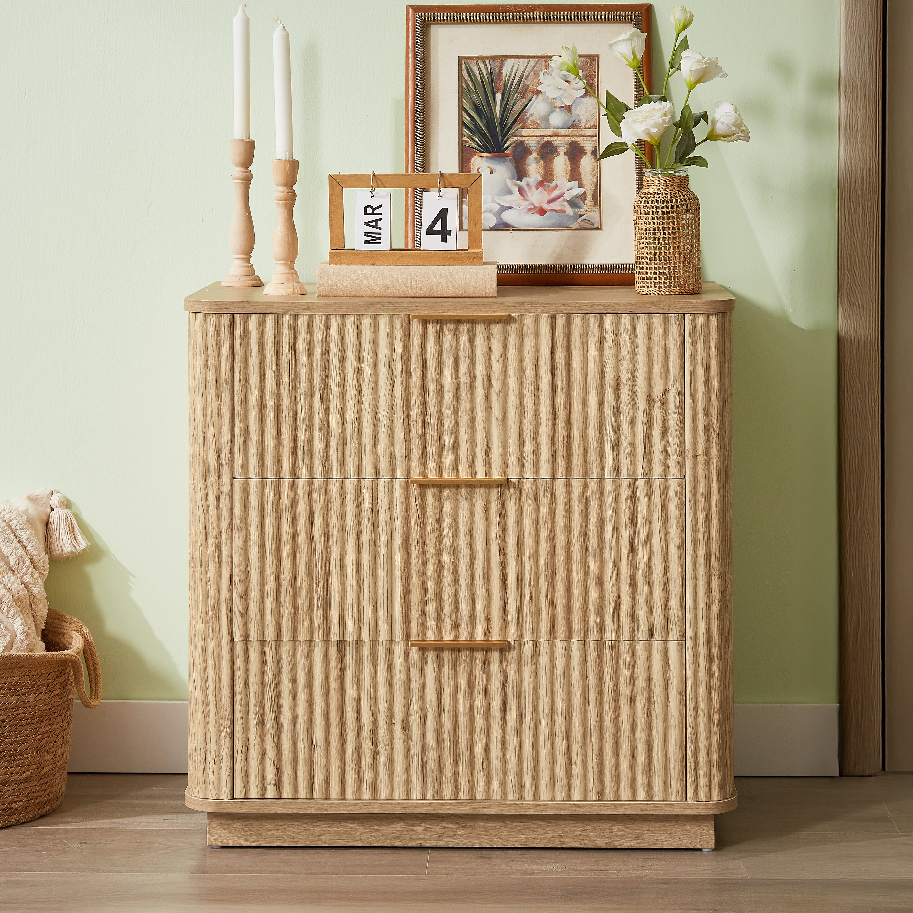 Oak 3-drawer wood nightstand drawers open detail view