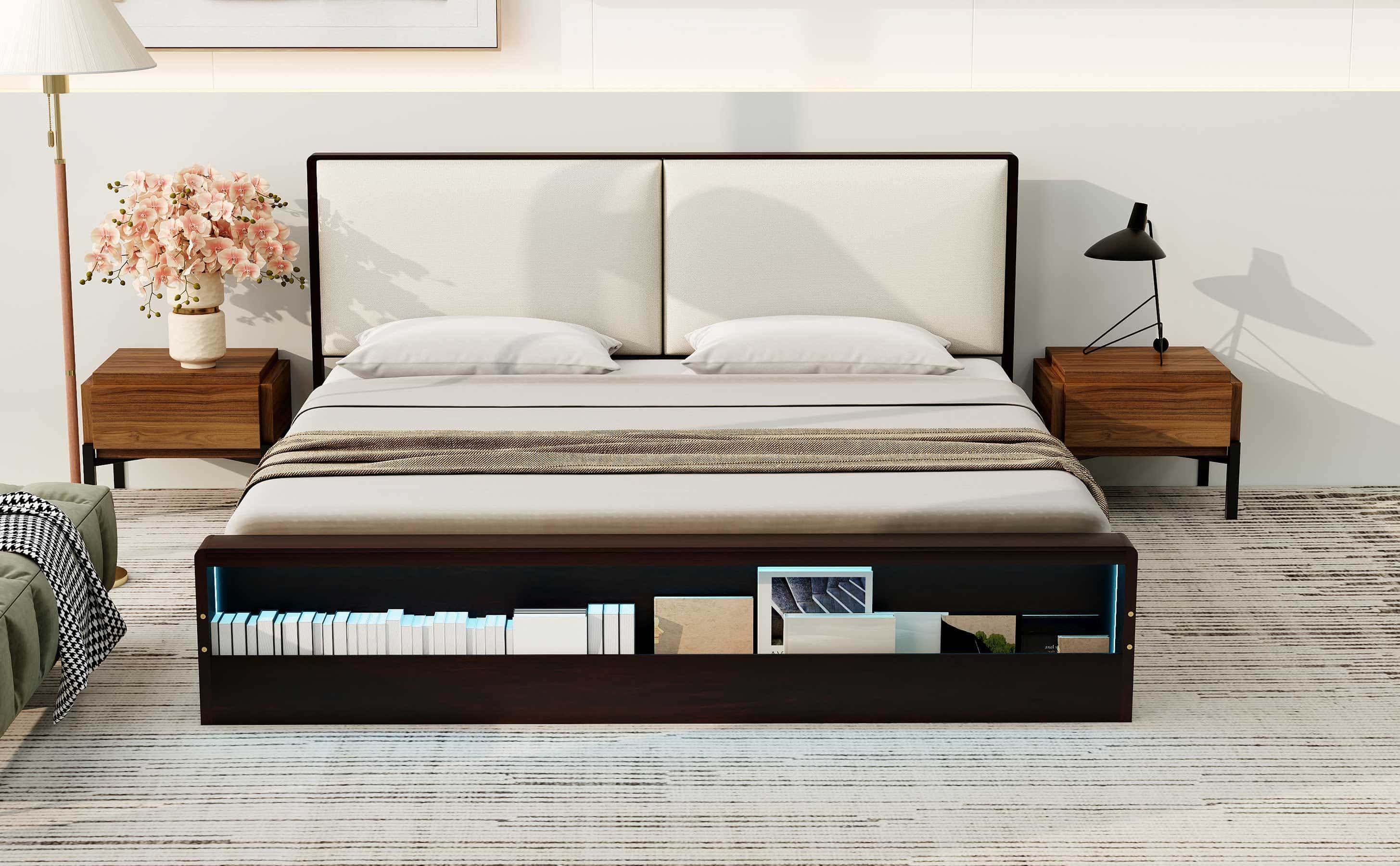 King Size Platform Bed Frame with Upholstery Headboard and Bookshelf in Footboard and LED Light Strips, Espresso