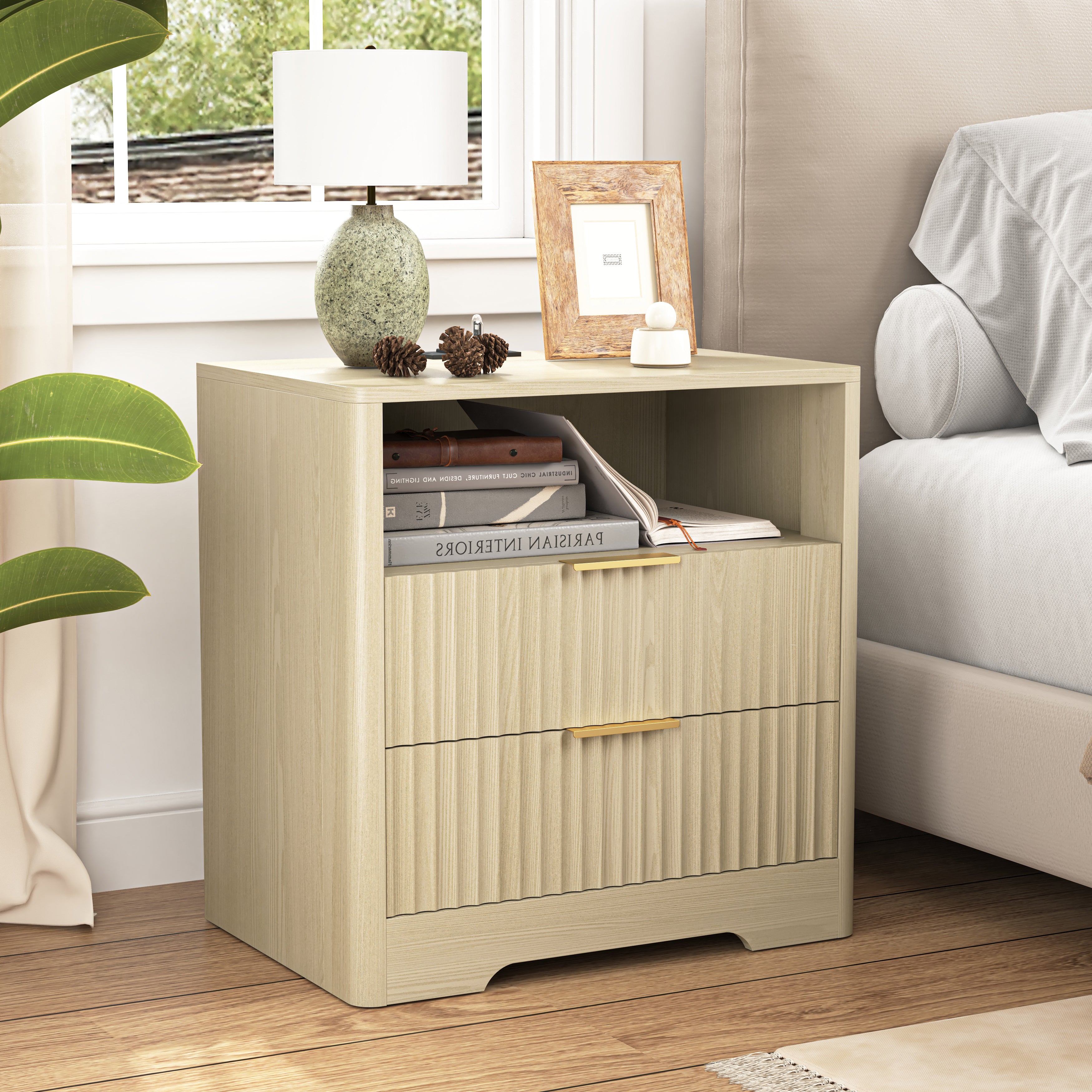 Wood nightstand with storage cabinet, angled view