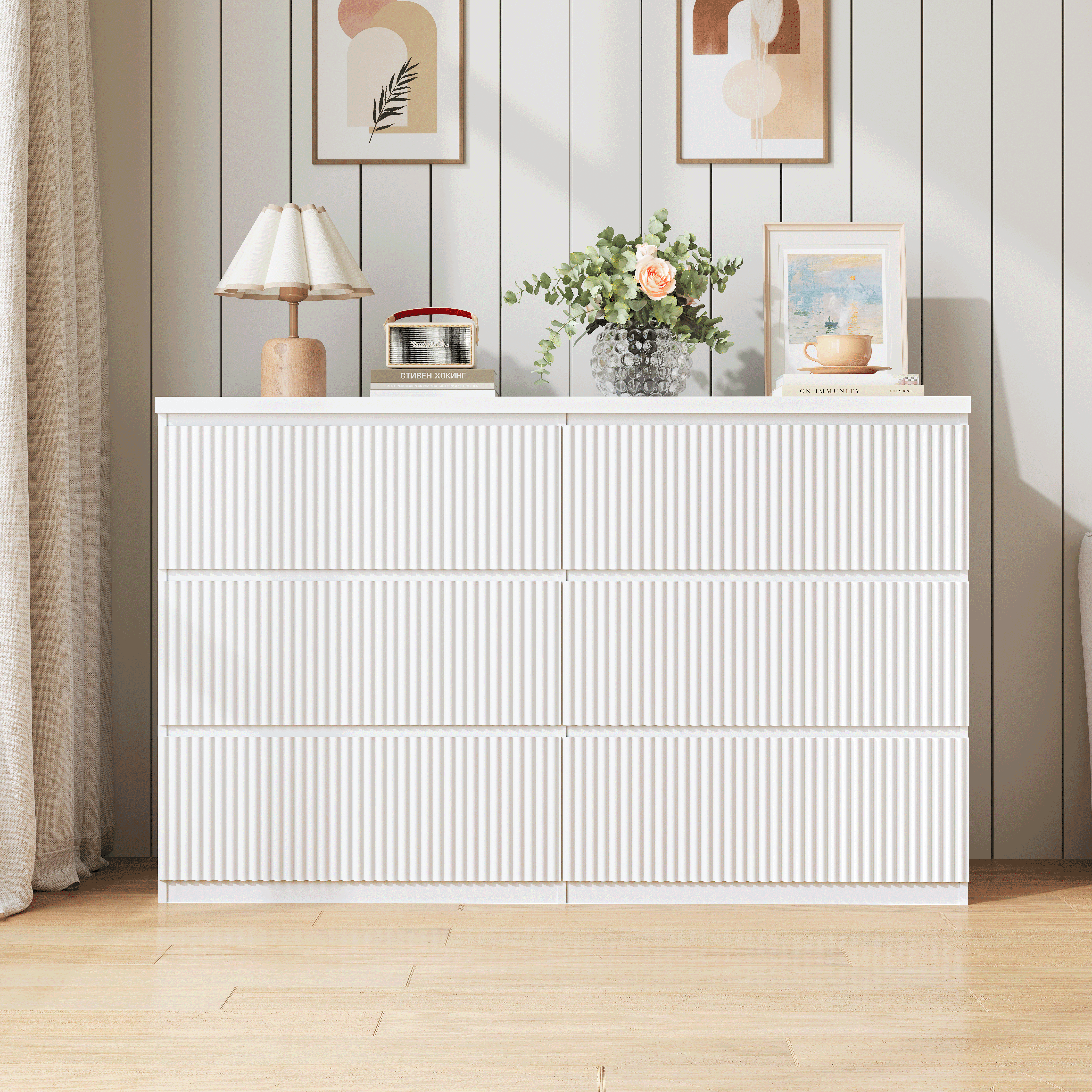 Modern white 6-drawer dresser with wave panel fronts, front view
