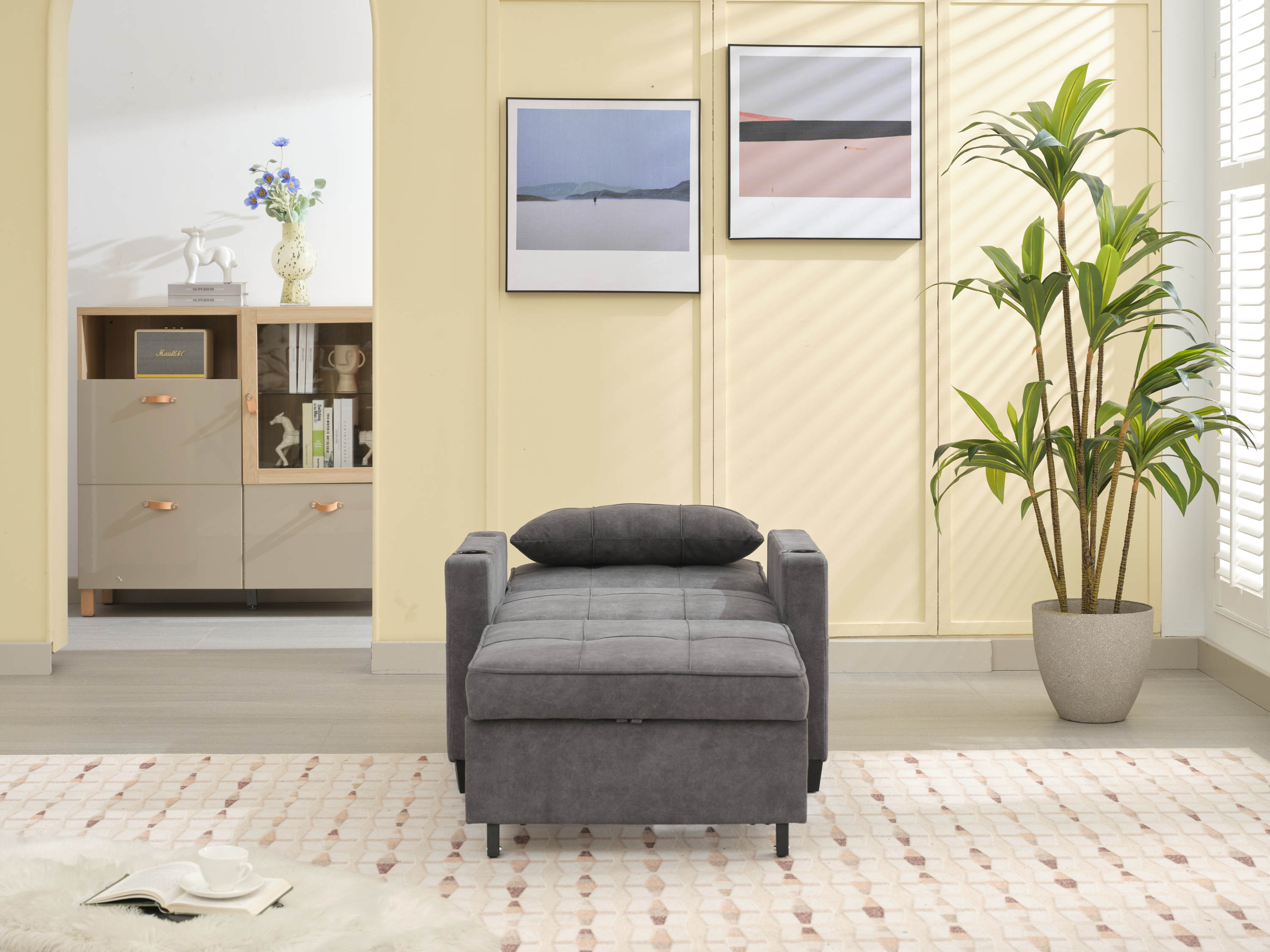 Futon Chair Bed Convertible Chair 3-in-1 Pull Out Sleeper Chair Beds with USB Ports,Wear-resistant and Anti-scratch, Armchair Bed Sleeper for Living Room (Dark Grey Scratch Cloth)