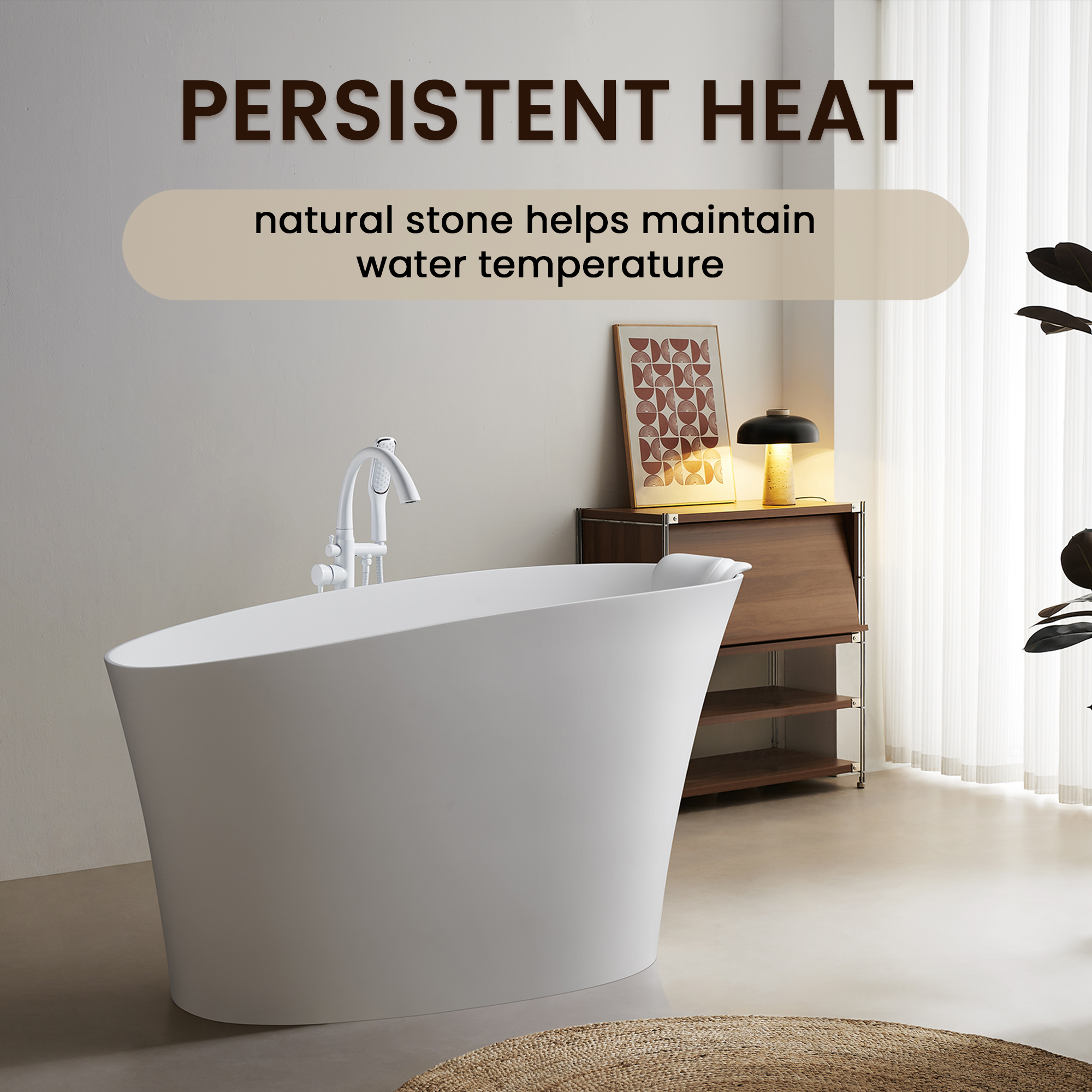 Oval glossy white freestanding soaking tub with overflow, detail view